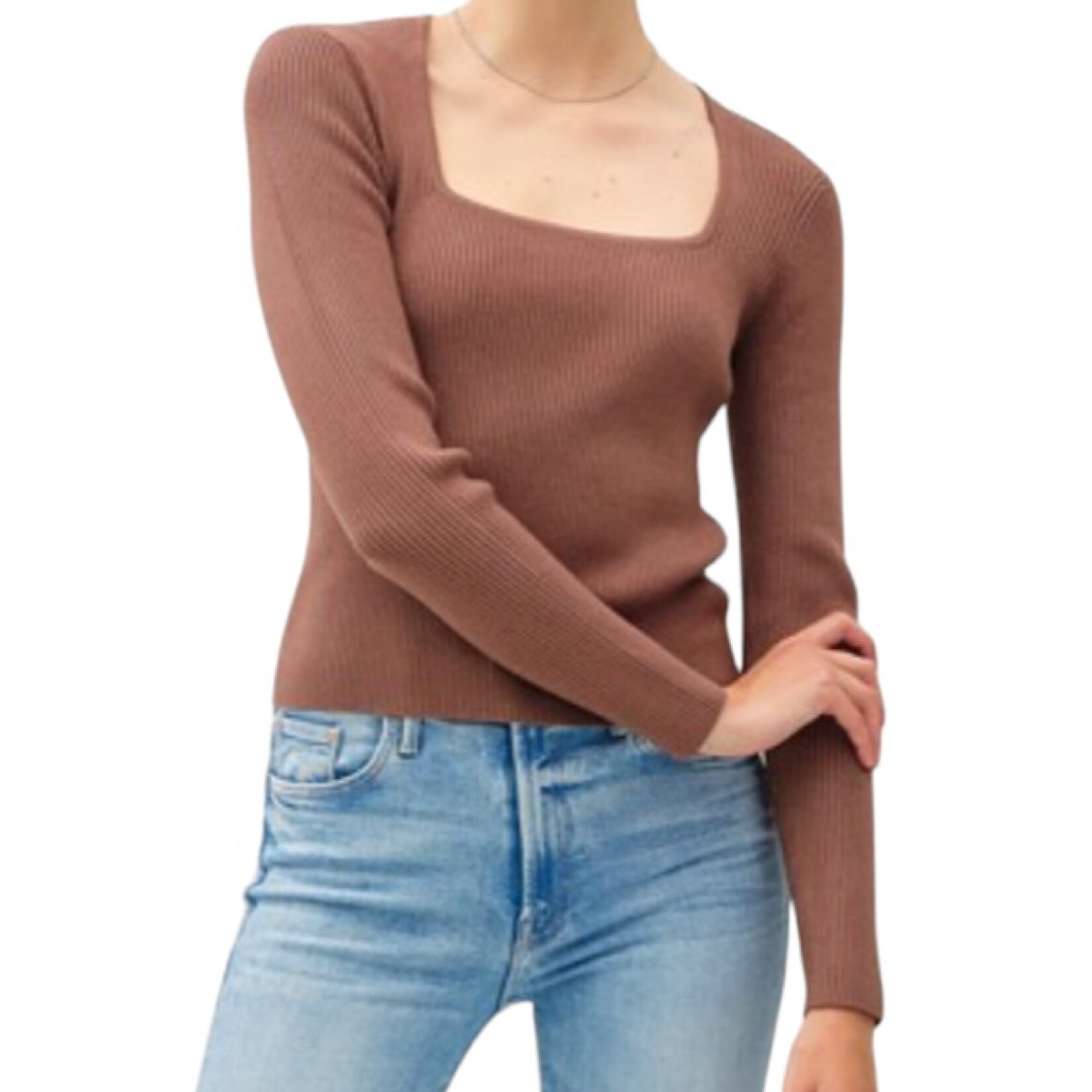 Cocoa Square Neck Long Sleeve Ribbed Knit Top