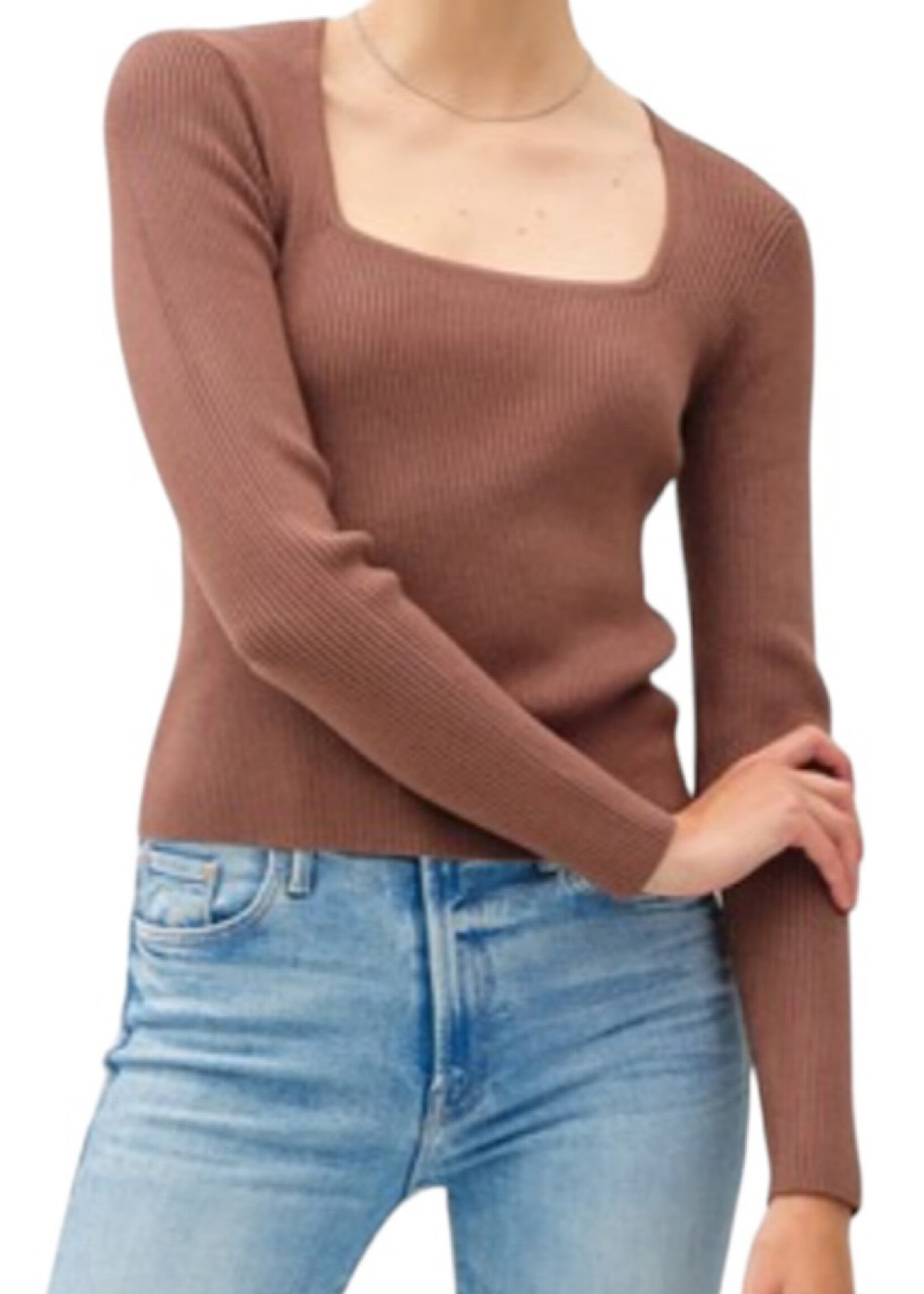 Cocoa Square Neck Long Sleeve Ribbed Knit Top