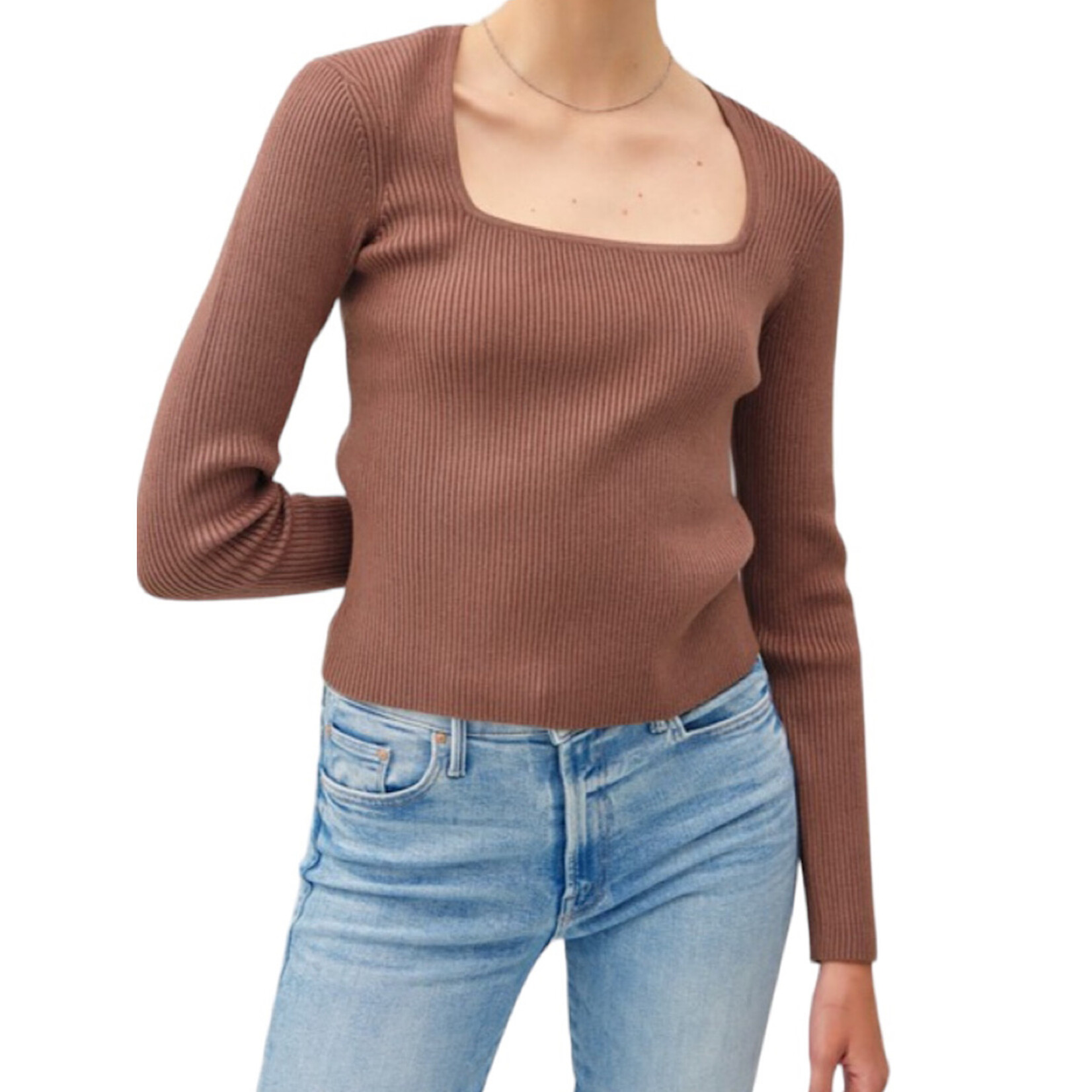 Cocoa Square Neck Long Sleeve Ribbed Knit Top