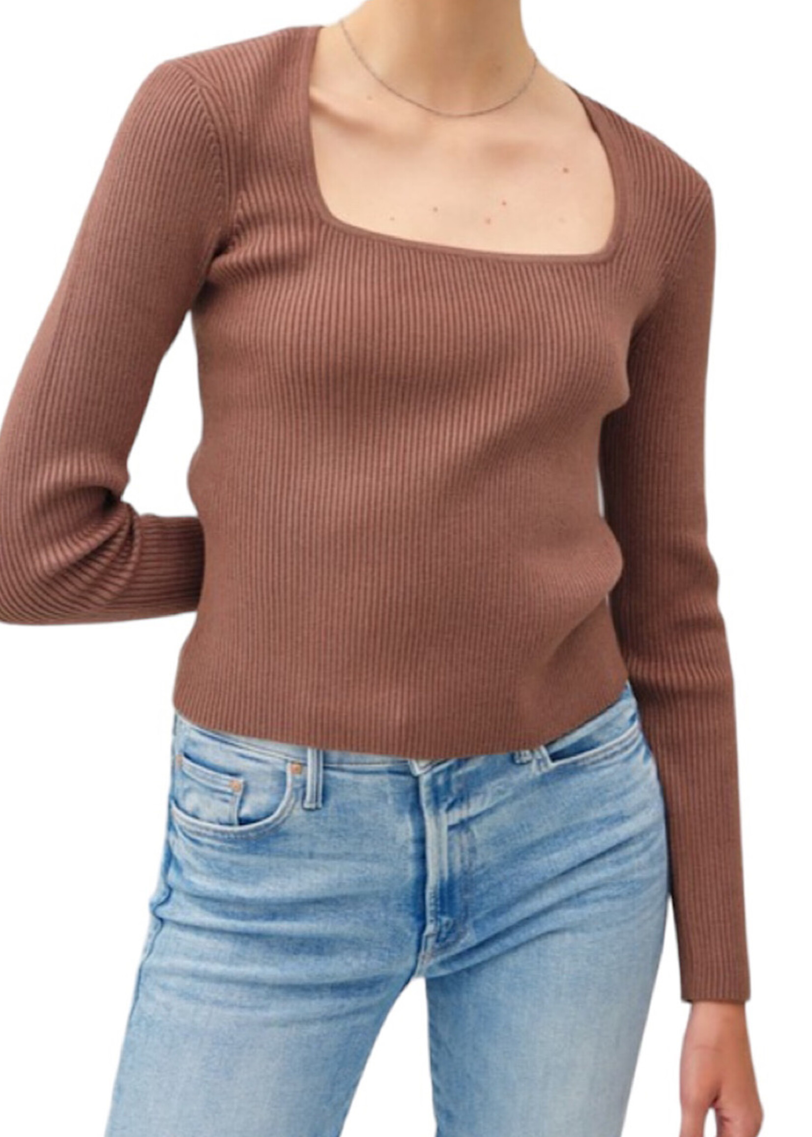 Cocoa Square Neck Long Sleeve Ribbed Knit Top