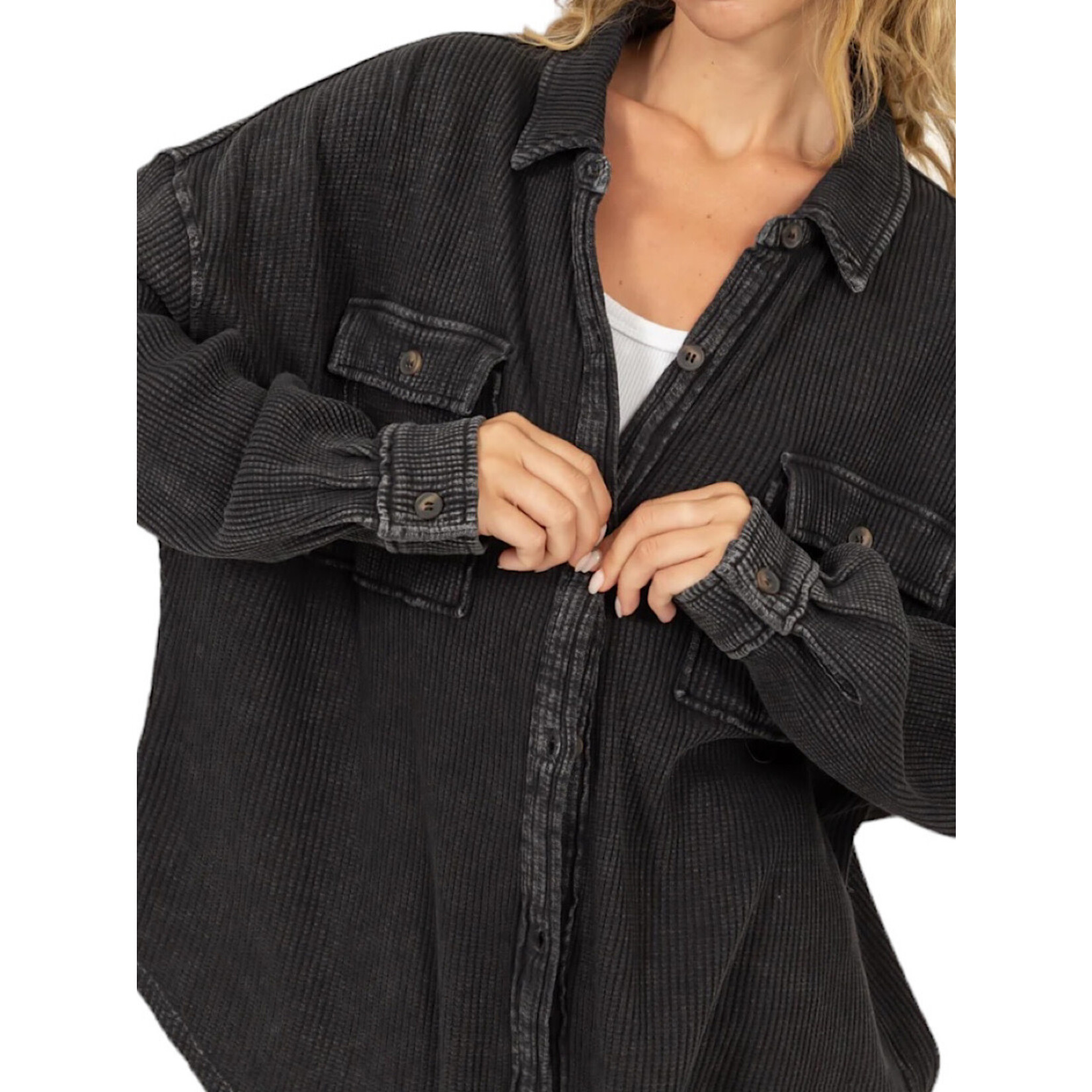 Black Waffle Oversized Button Up Shacket