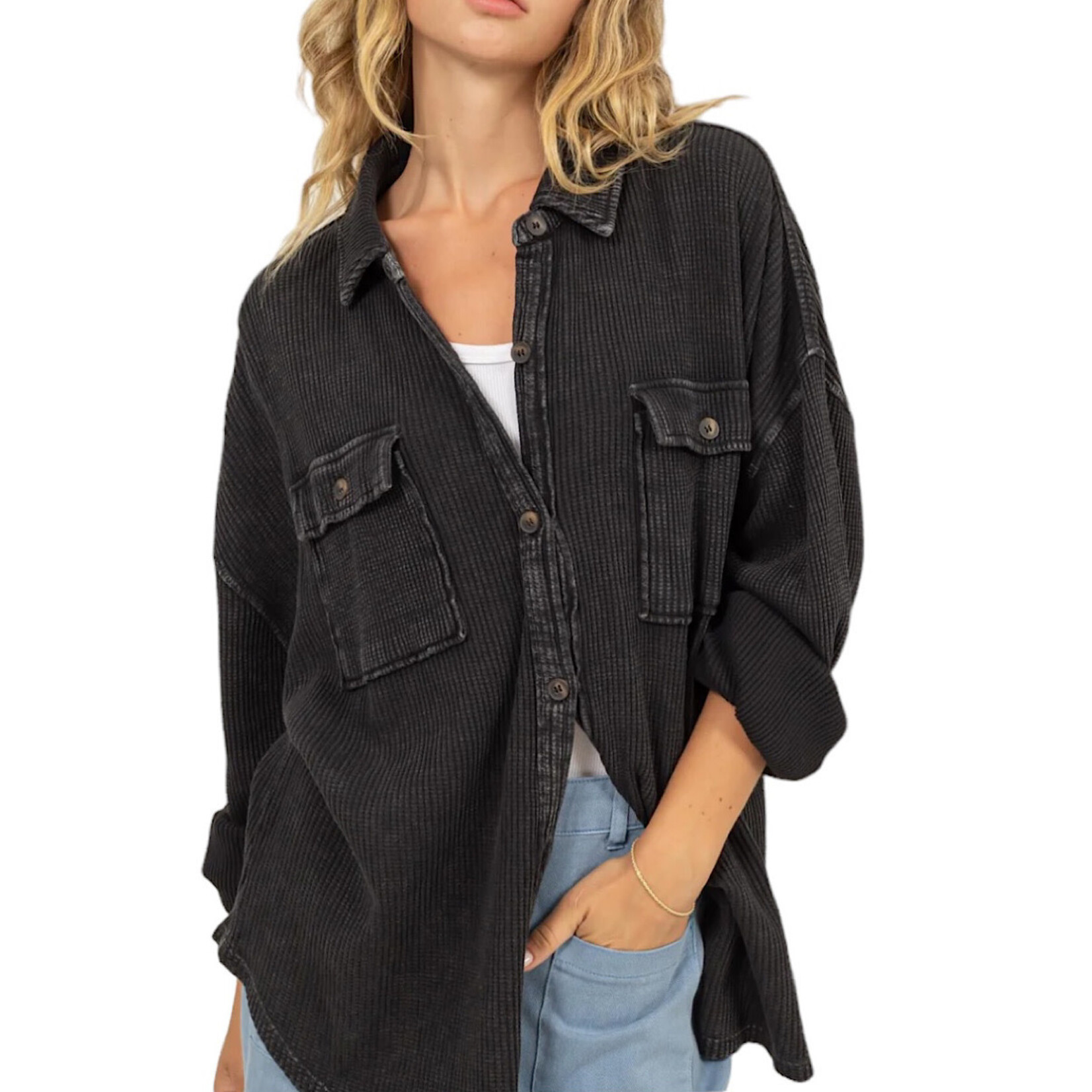 Black Waffle Oversized Button Up Shacket