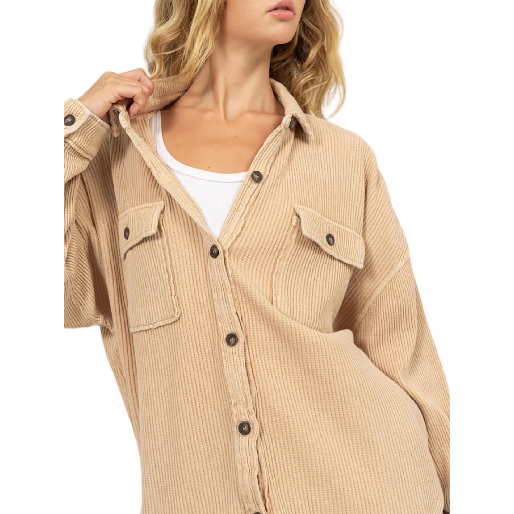 Taupe Waffle Oversized Button Up Shacket