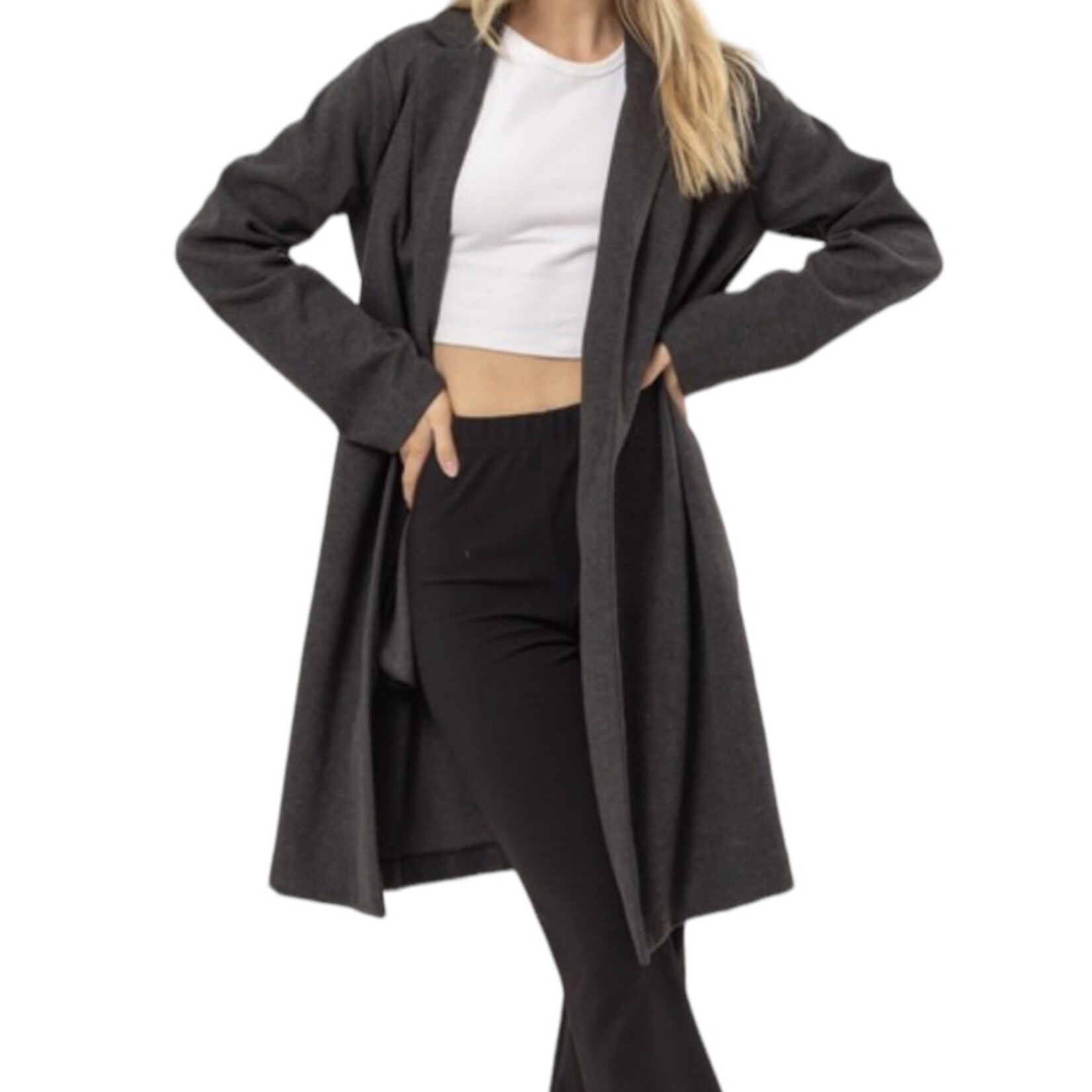 Dark Grey Open Front Long Coat