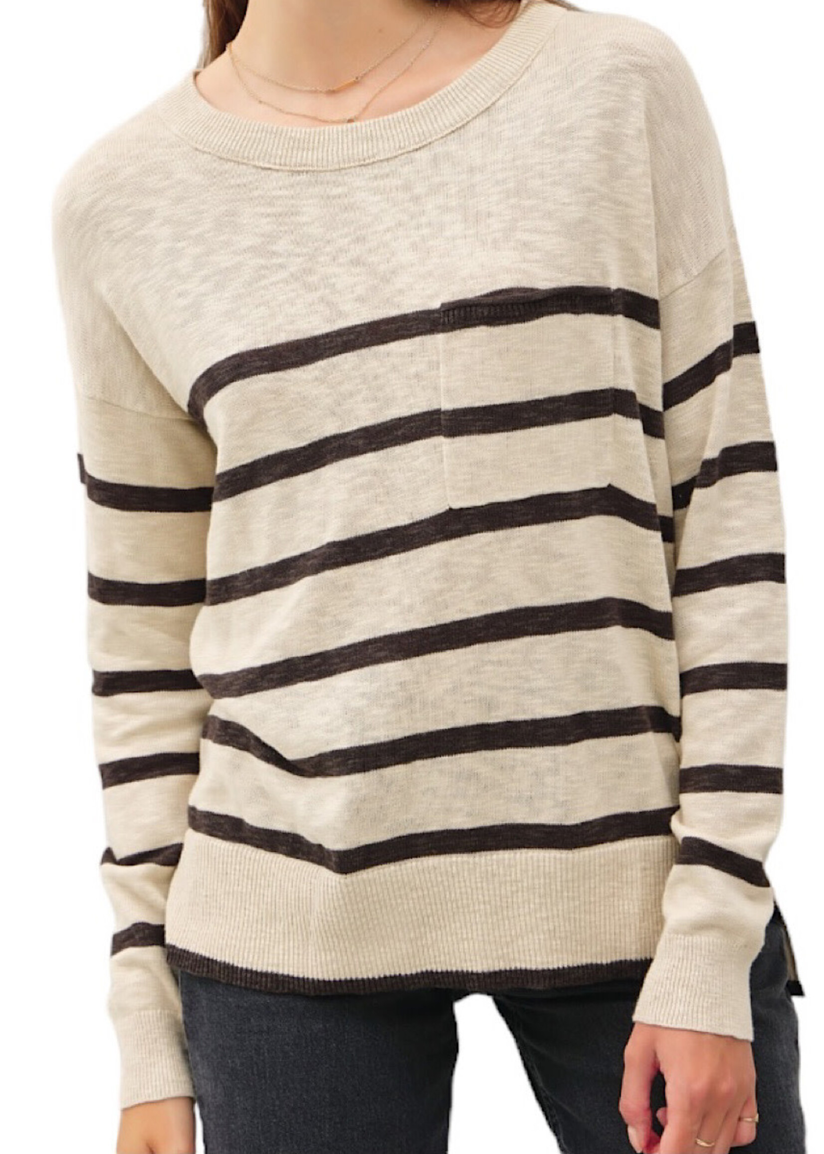 Natural Striped Slub Yarn Round Neck Sweater