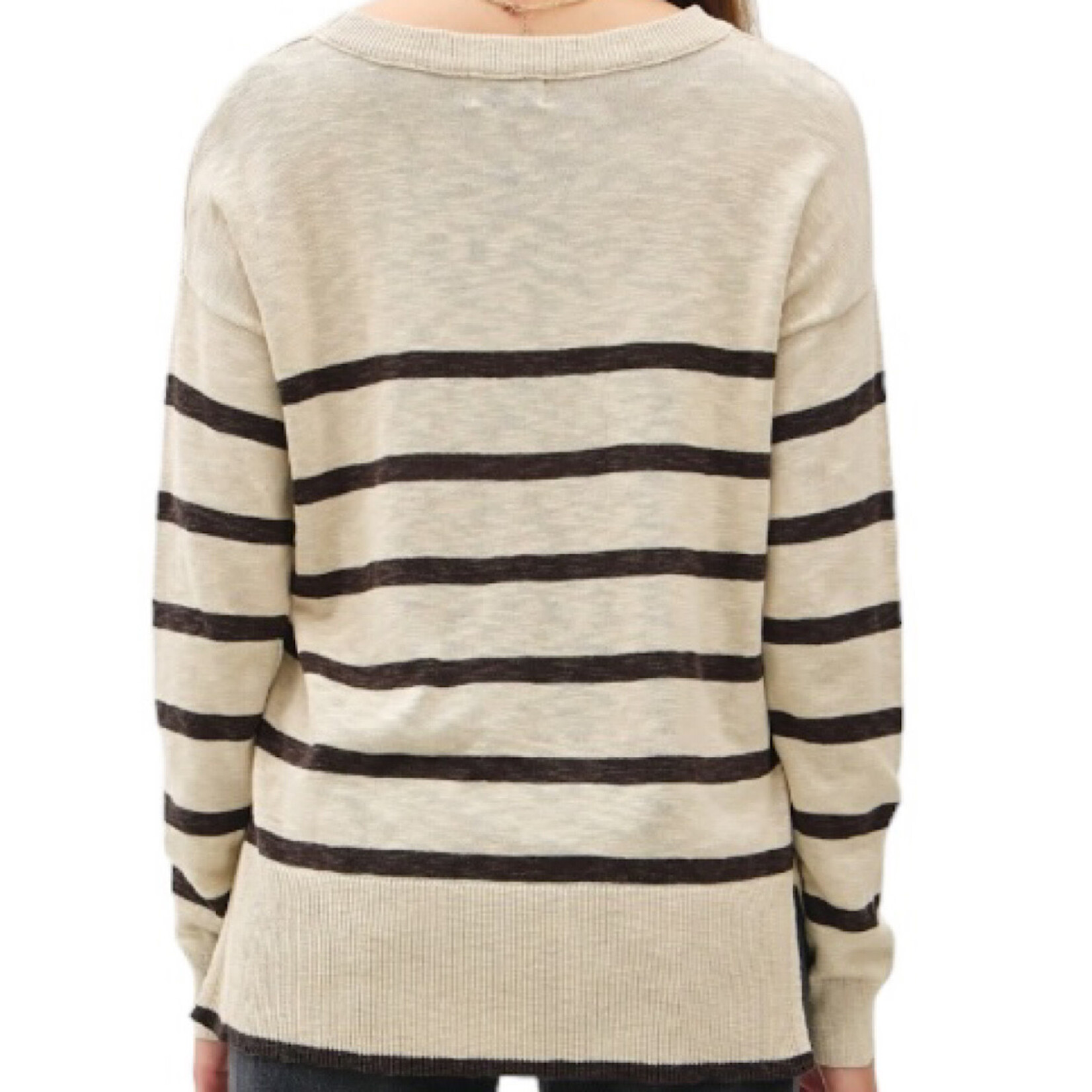 Natural Striped Slub Yarn Round Neck Sweater