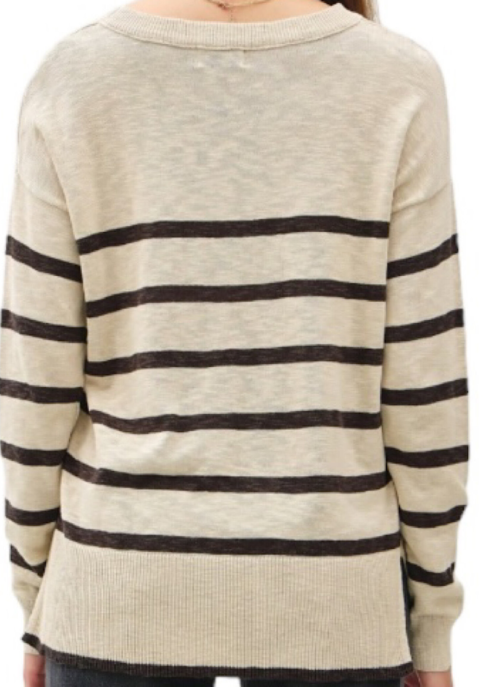 Natural Striped Slub Yarn Round Neck Sweater