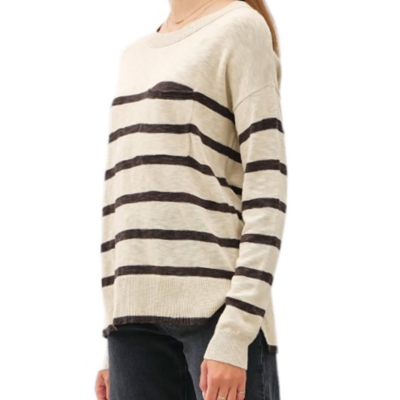 Natural Striped Slub Yarn Round Neck Sweater