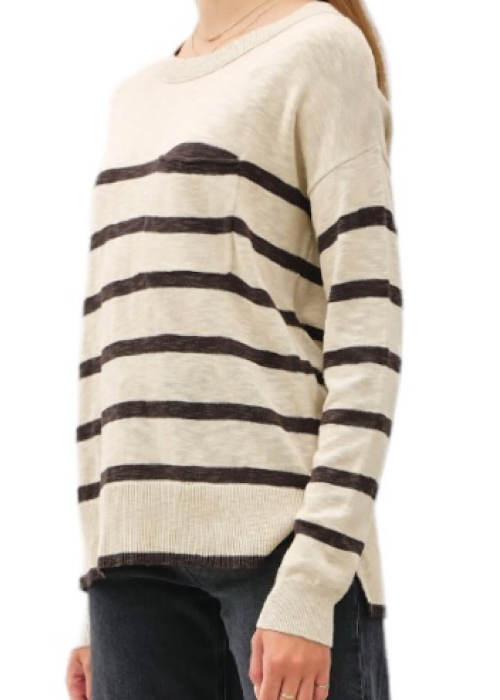 Natural Striped Slub Yarn Round Neck Sweater