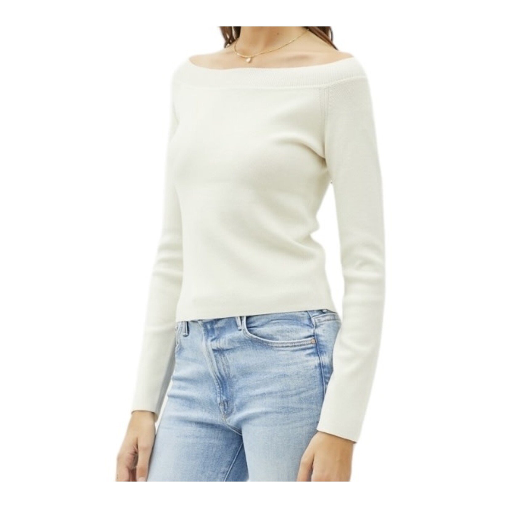Cream Off The Shoulder Sweater with Ribbed Neckline