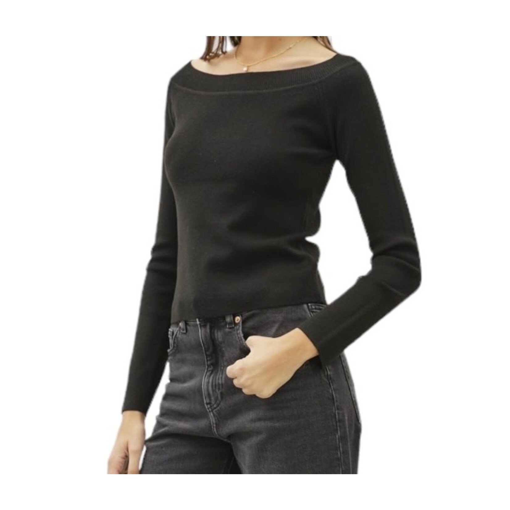 Black Off The Shoulder Sweater with Ribbed Neckline