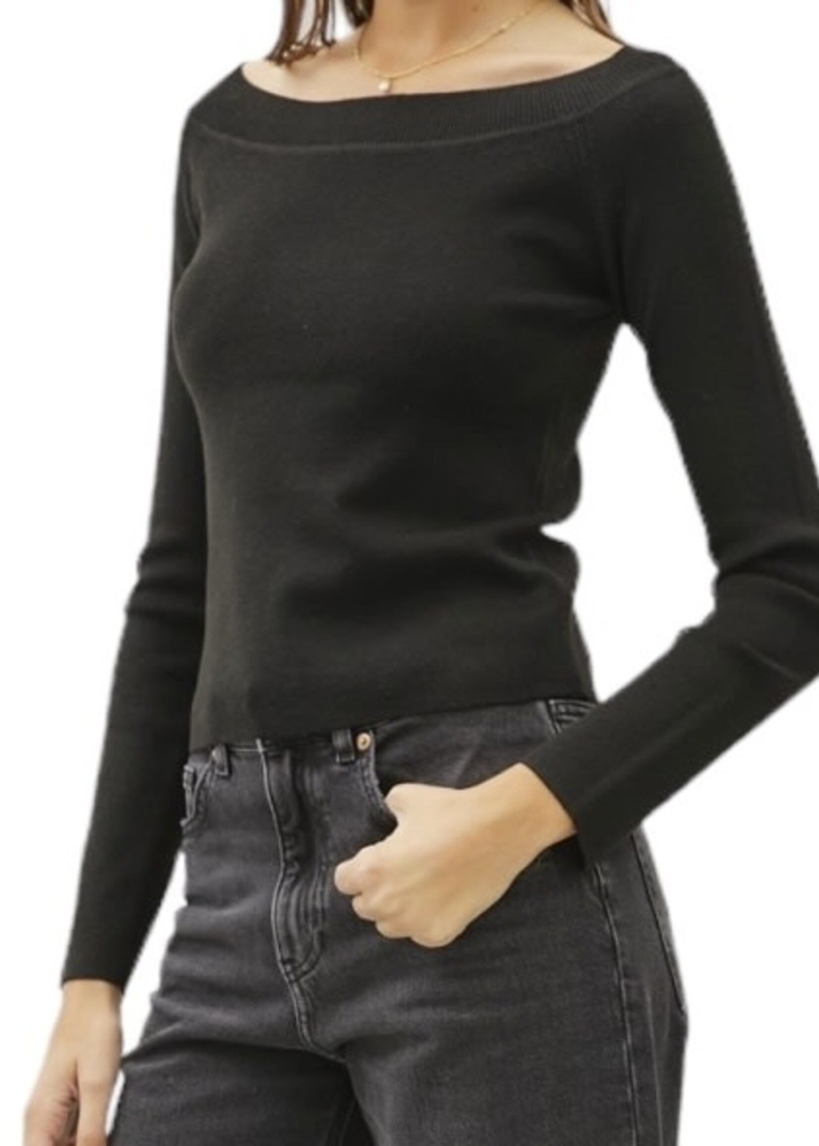 Black Off The Shoulder Sweater with Ribbed Neckline