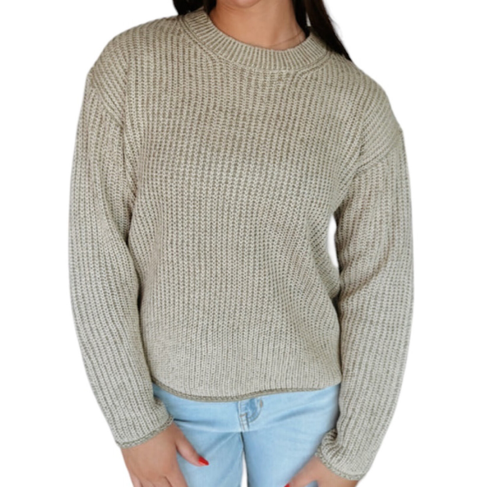 Olive Chunky Knit Acid Wash Sweater with Raw Seam Detail