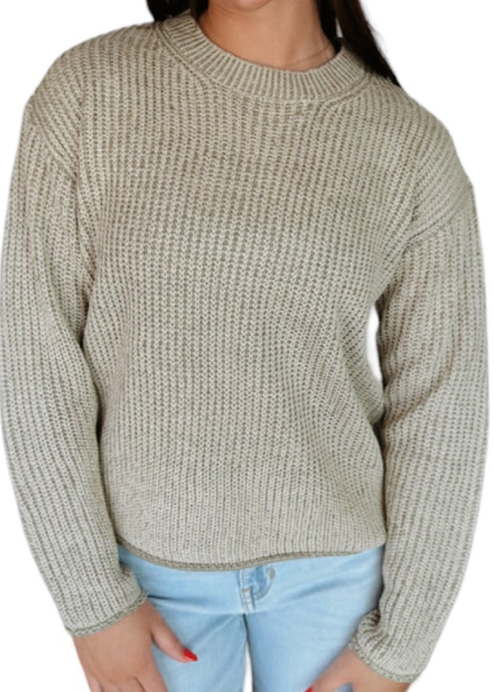Olive Chunky Knit Acid Wash Sweater with Raw Seam Detail