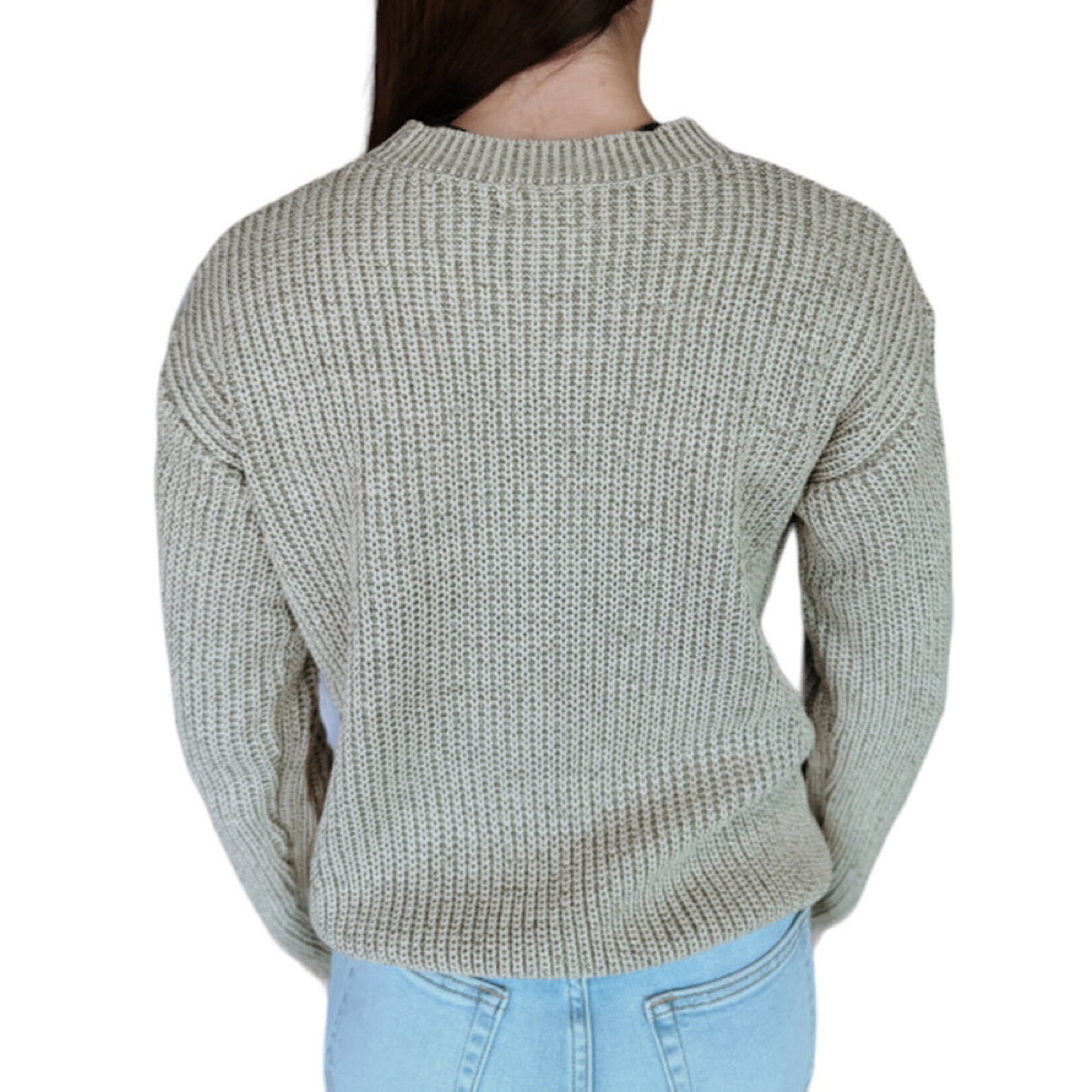 Olive Chunky Knit Acid Wash Sweater with Raw Seam Detail