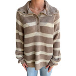 Mocha Chunky Knit Striped Sweater with Snap Henley Neckline