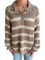 Mocha Chunky Knit Striped Sweater with Snap Henley Neckline