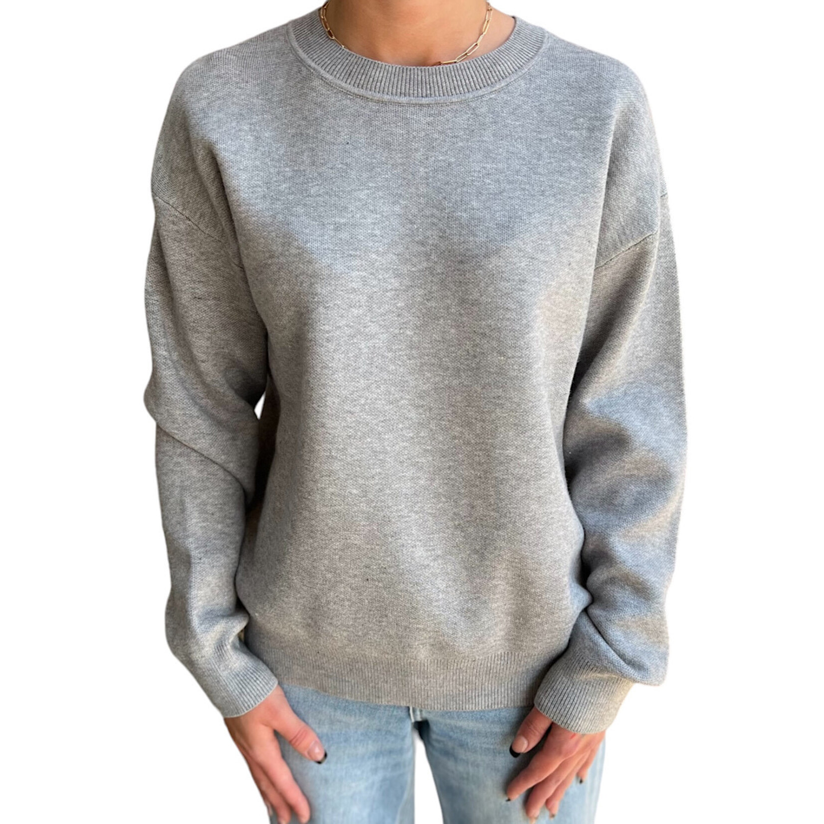 Heather Grey Basic Knit Sweater With Drop Shoulder