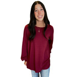 Burgundy Round Neck Terry Brushed Sweater Top with Side Slits