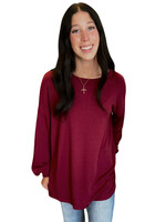 Burgundy Round Neck Terry Brushed Sweater Top with Side Slits