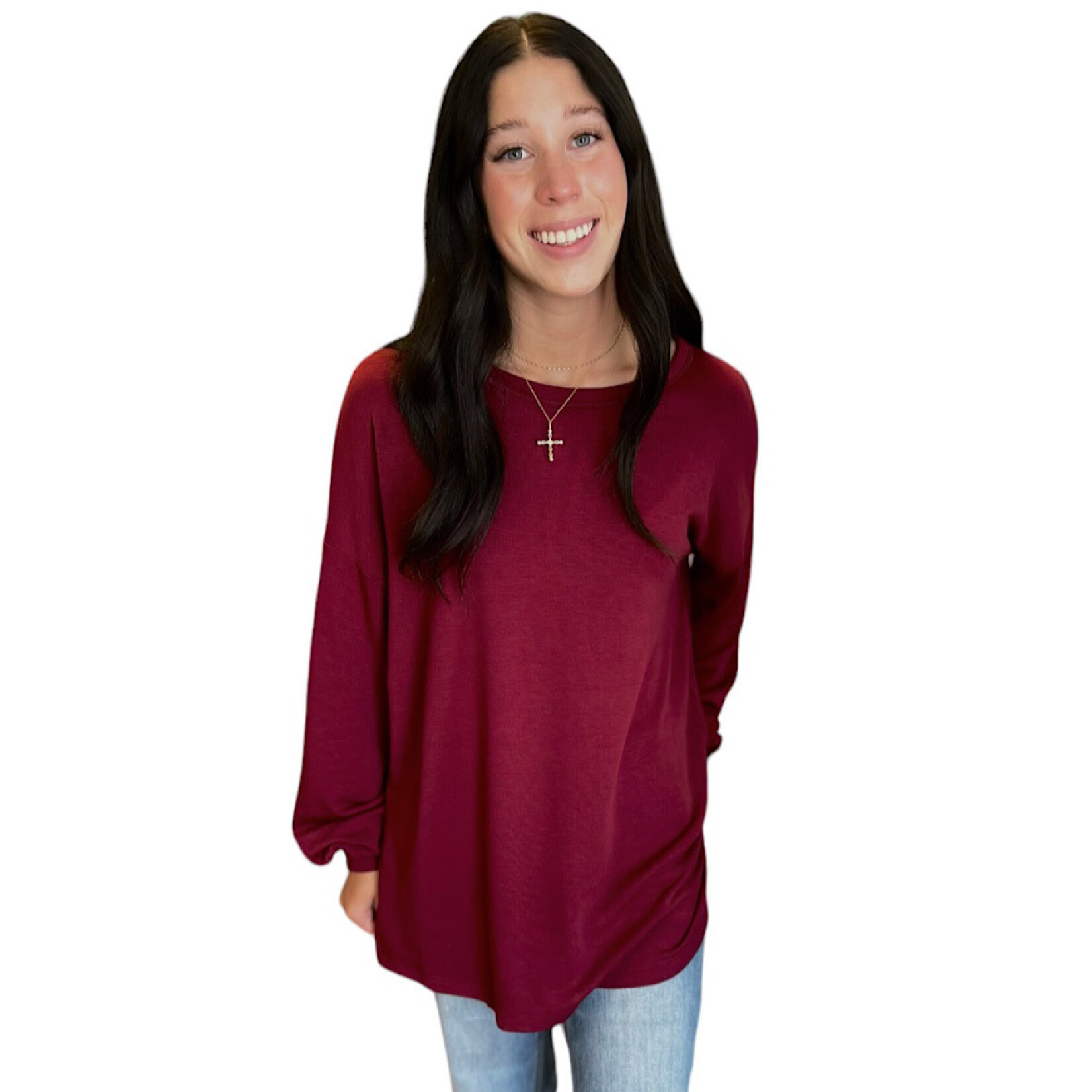 Burgundy Round Neck Terry Brushed Sweater Top with Side Slits