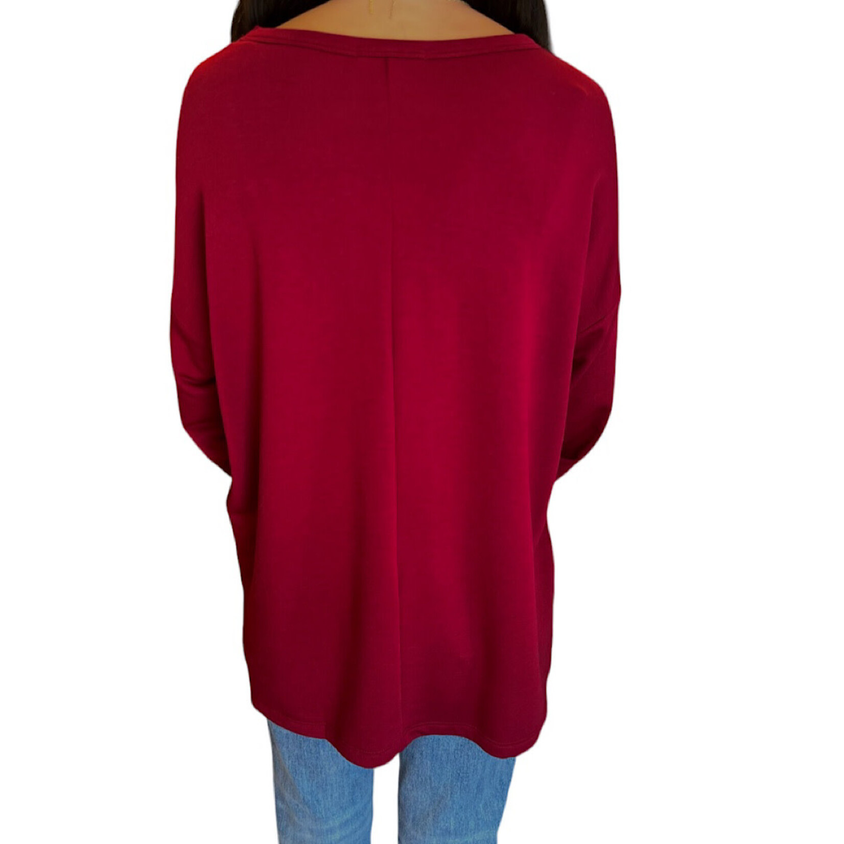 Burgundy Round Neck Terry Brushed Sweater Top with Side Slits