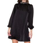 Black Pearl Neck Band Satin Shift Dress with Keyhole Button Back