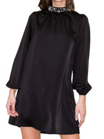 Black Pearl Neck Band Satin Shift Dress with Keyhole Button Back