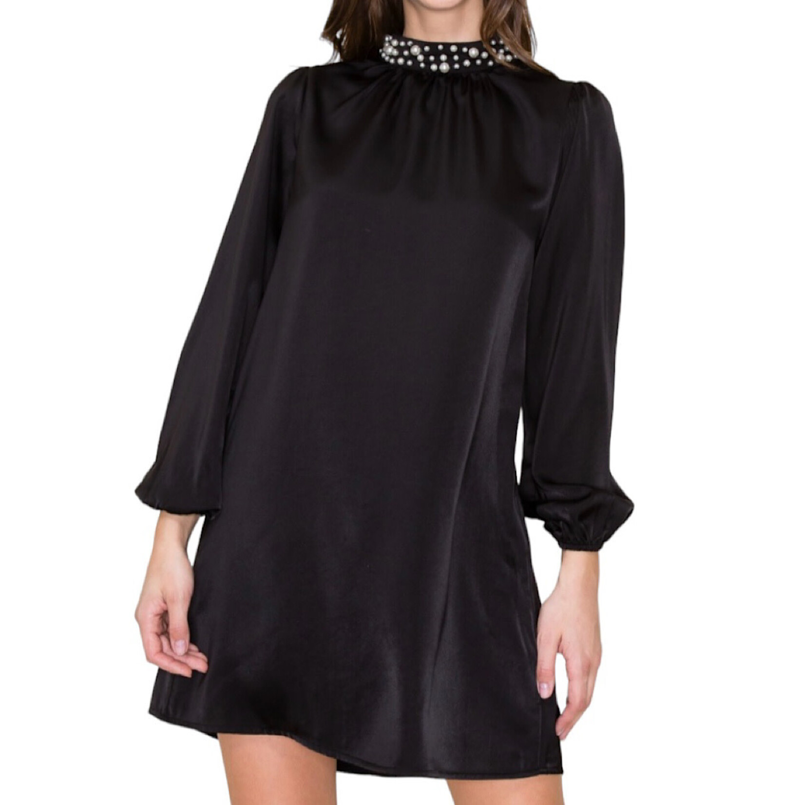 Black Pearl Neck Band Satin Shift Dress with Keyhole Button Back