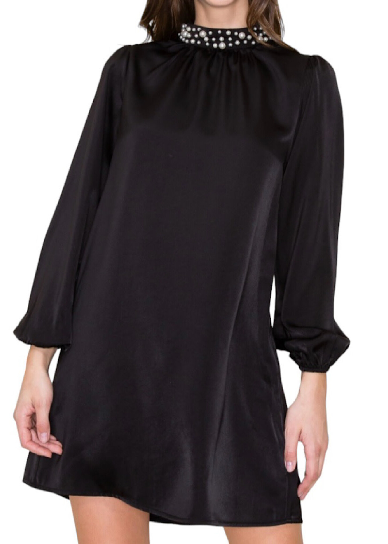 Black Pearl Neck Band Satin Shift Dress with Keyhole Button Back