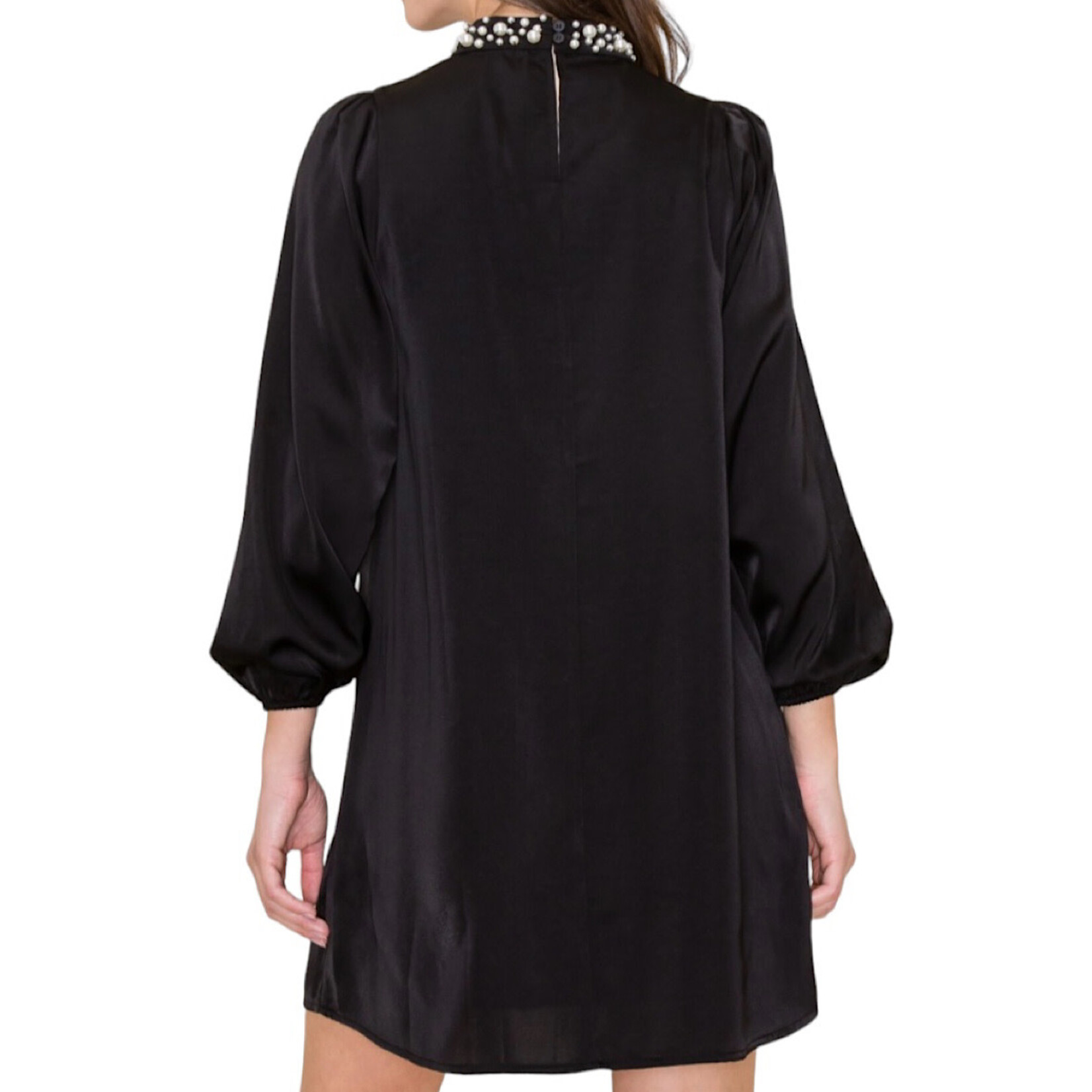 Black Pearl Neck Band Satin Shift Dress with Keyhole Button Back