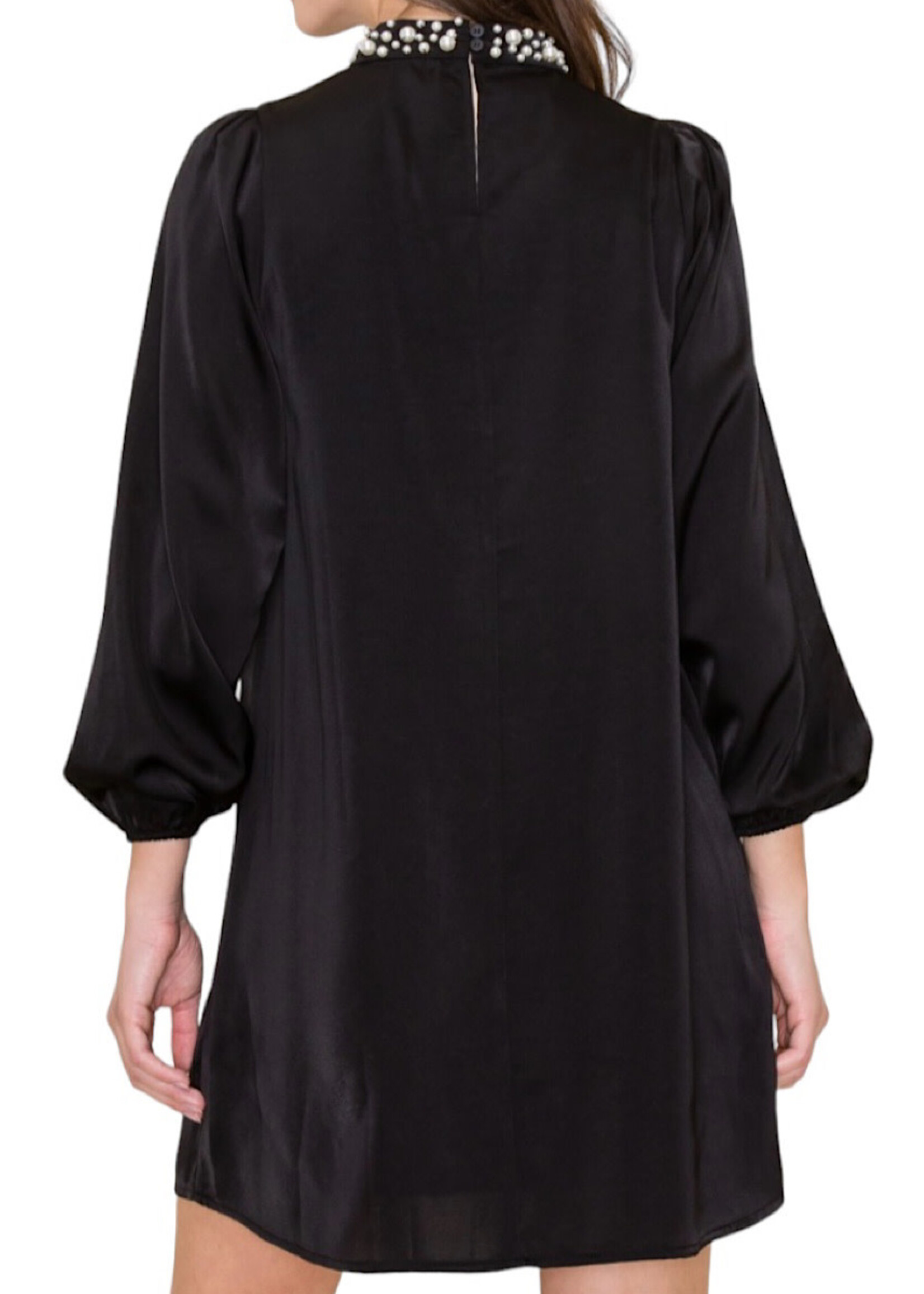 Black Pearl Neck Band Satin Shift Dress with Keyhole Button Back