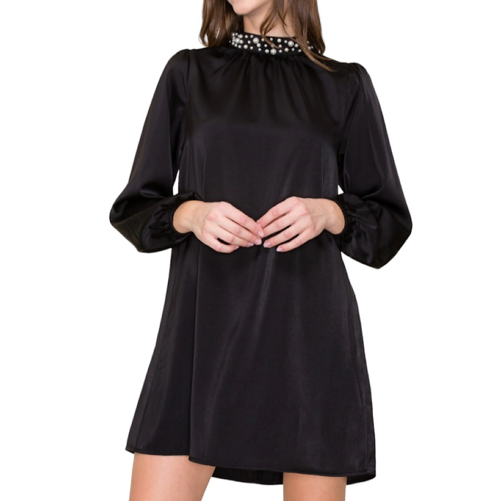Black Pearl Neck Band Satin Shift Dress with Keyhole Button Back
