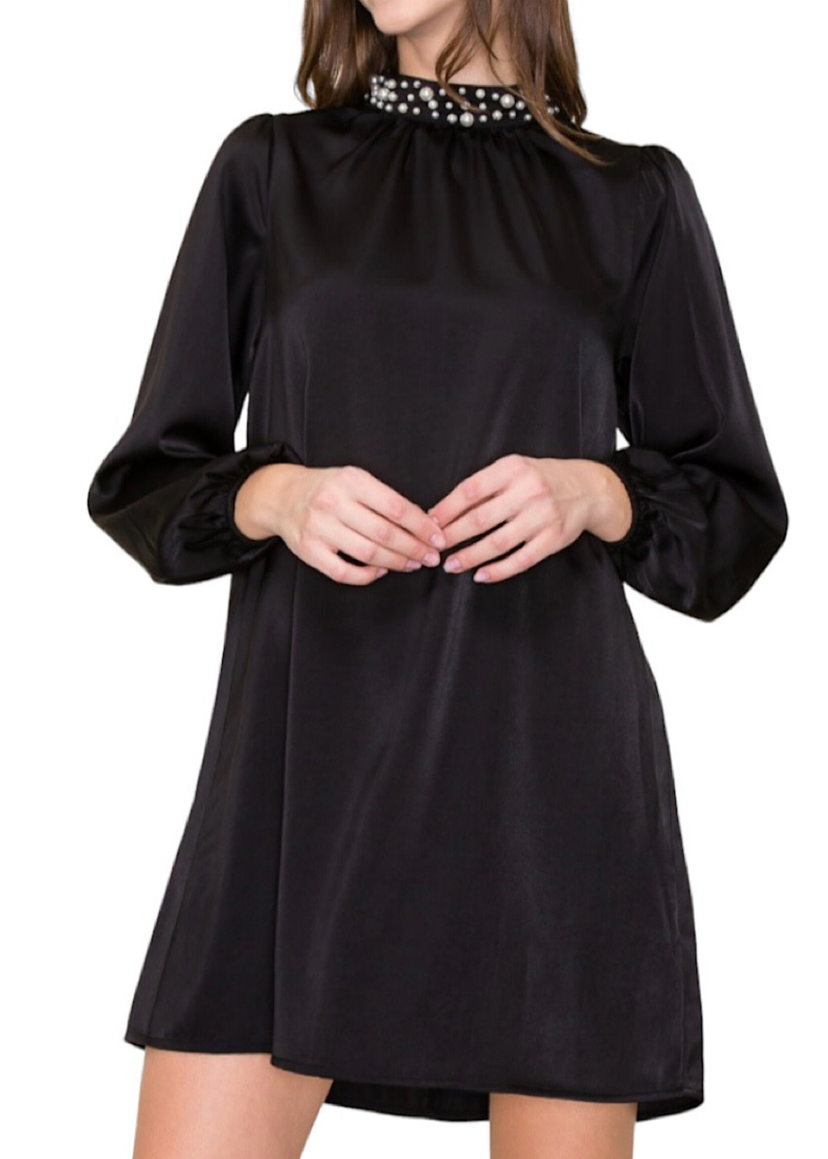 Black Pearl Neck Band Satin Shift Dress with Keyhole Button Back