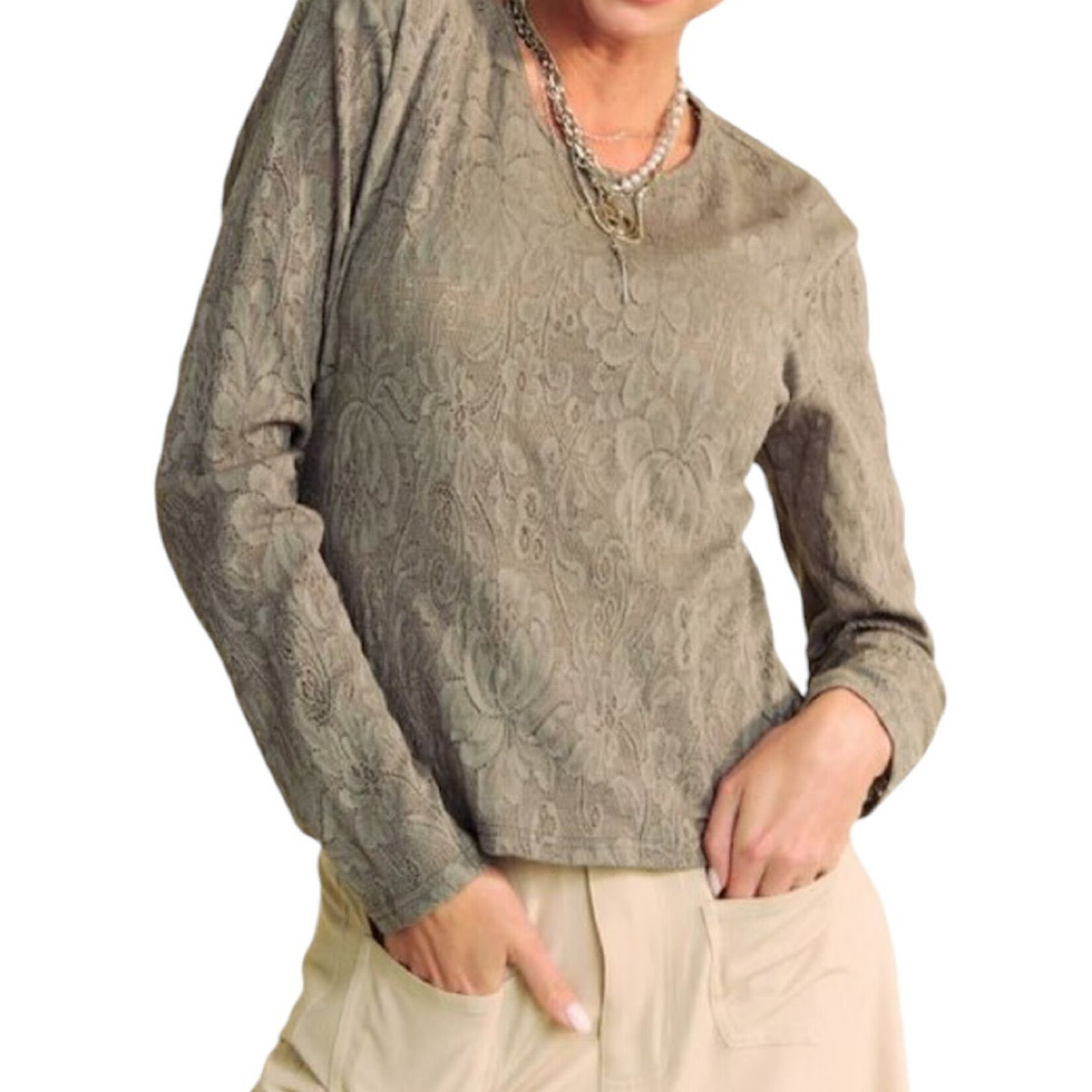 Olive/Khaki Mesh Lace Long Sleeve Top