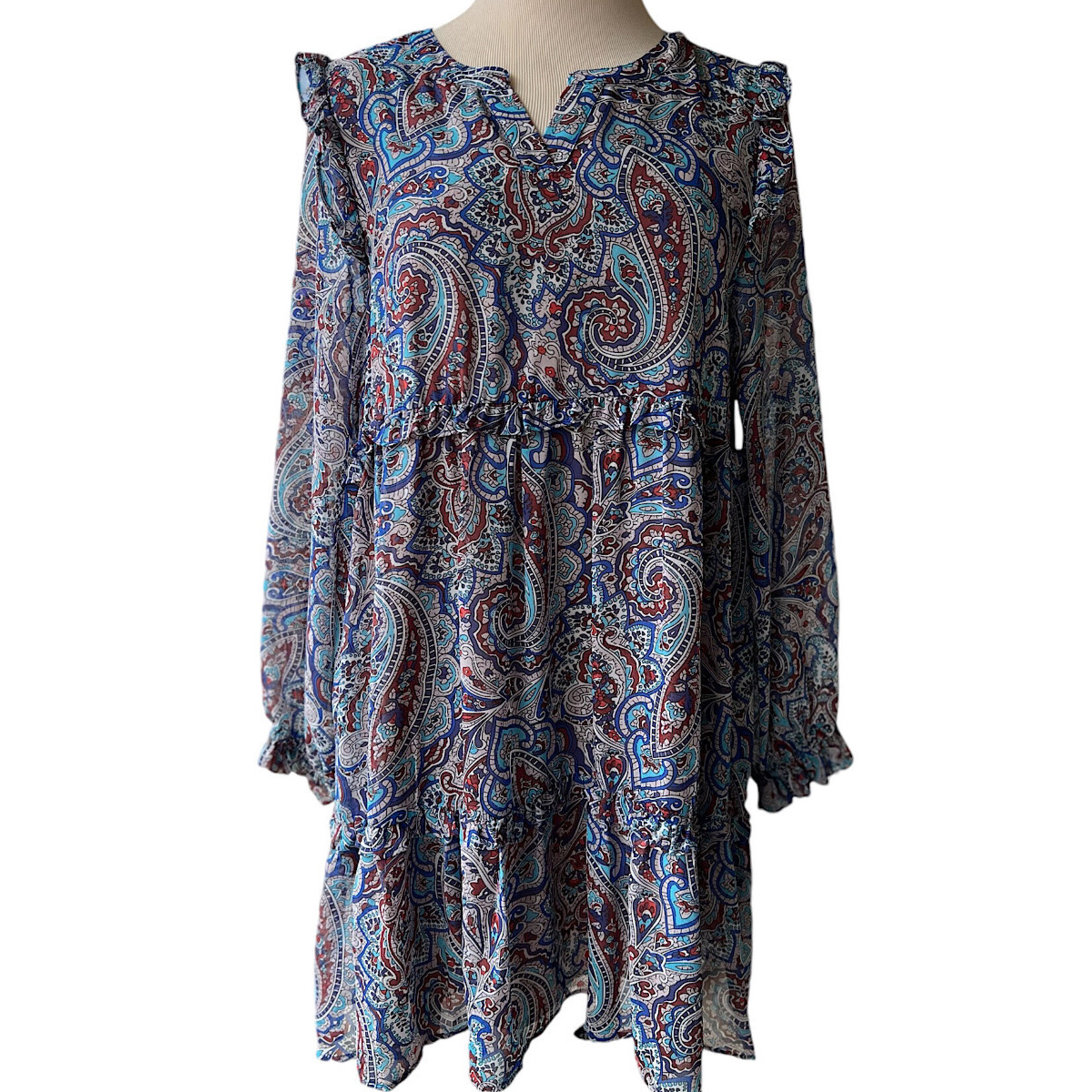 Blue Chiffon Paisley Ruffle Tiered Dress