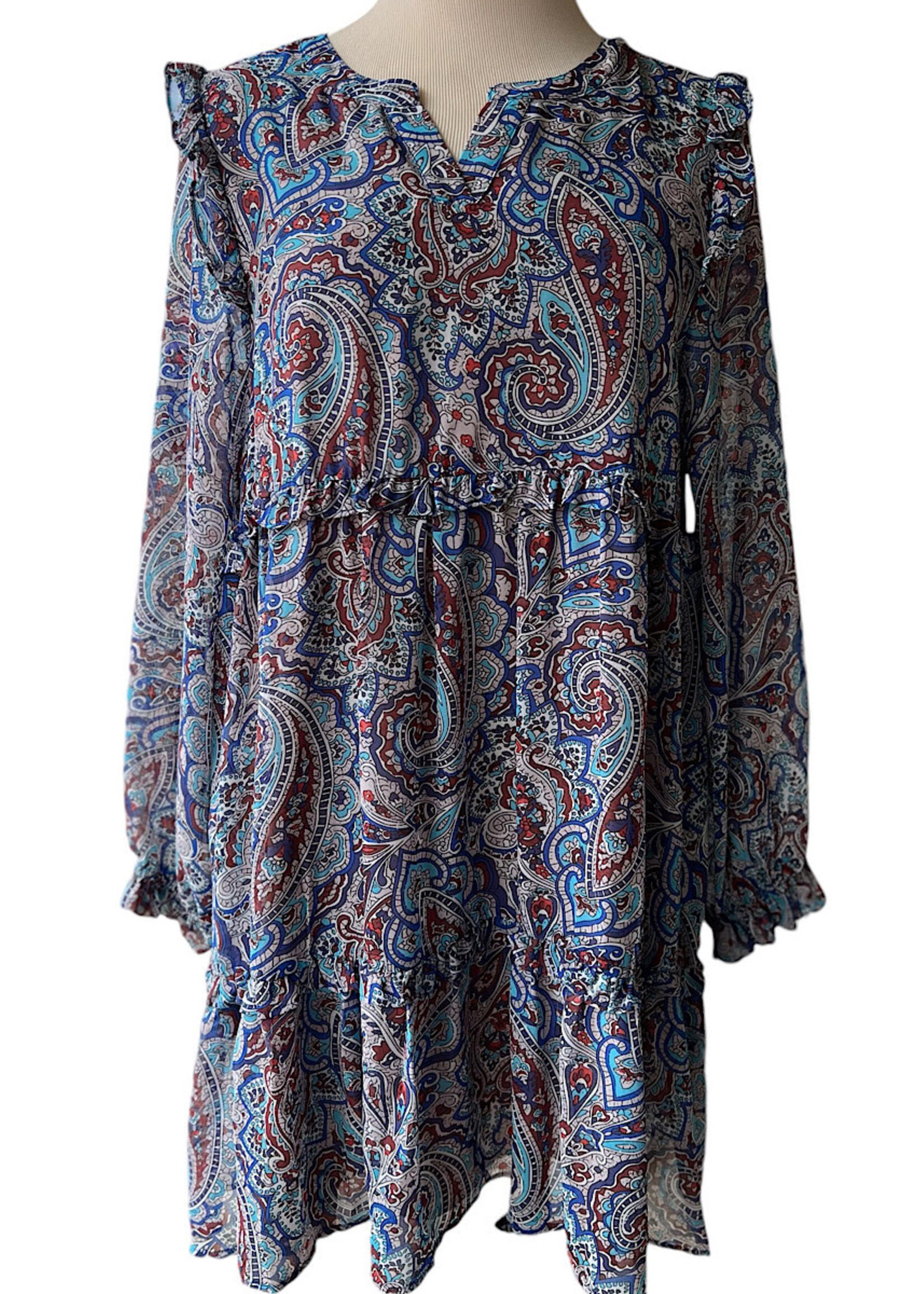 Blue Chiffon Paisley Ruffle Tiered Dress