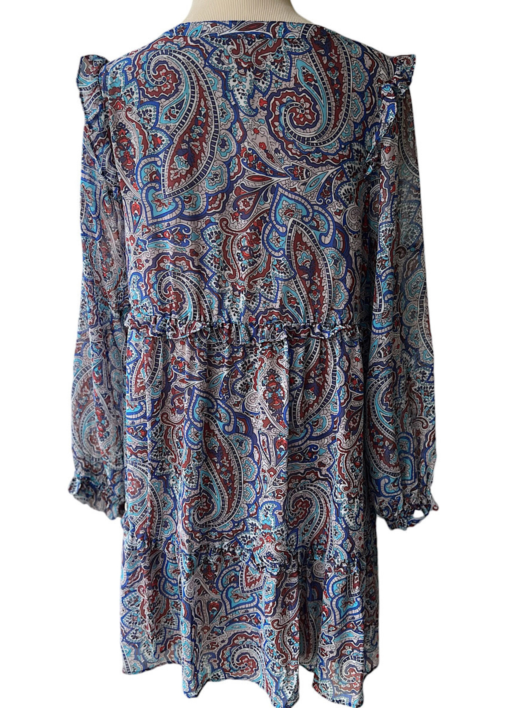 Blue Chiffon Paisley Ruffle Tiered Dress