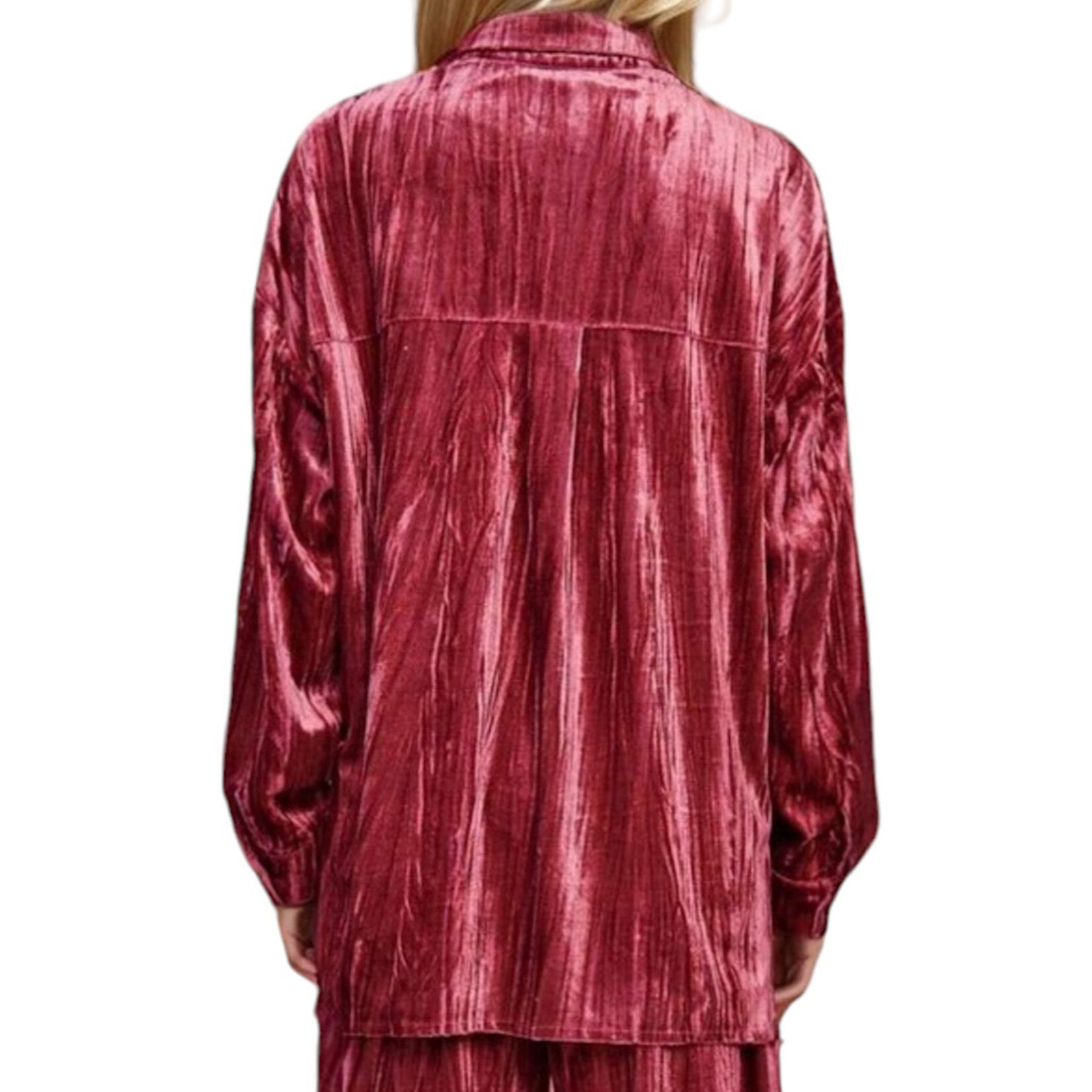 Plus Indian Pink Crinkled Velvet Button Front Top