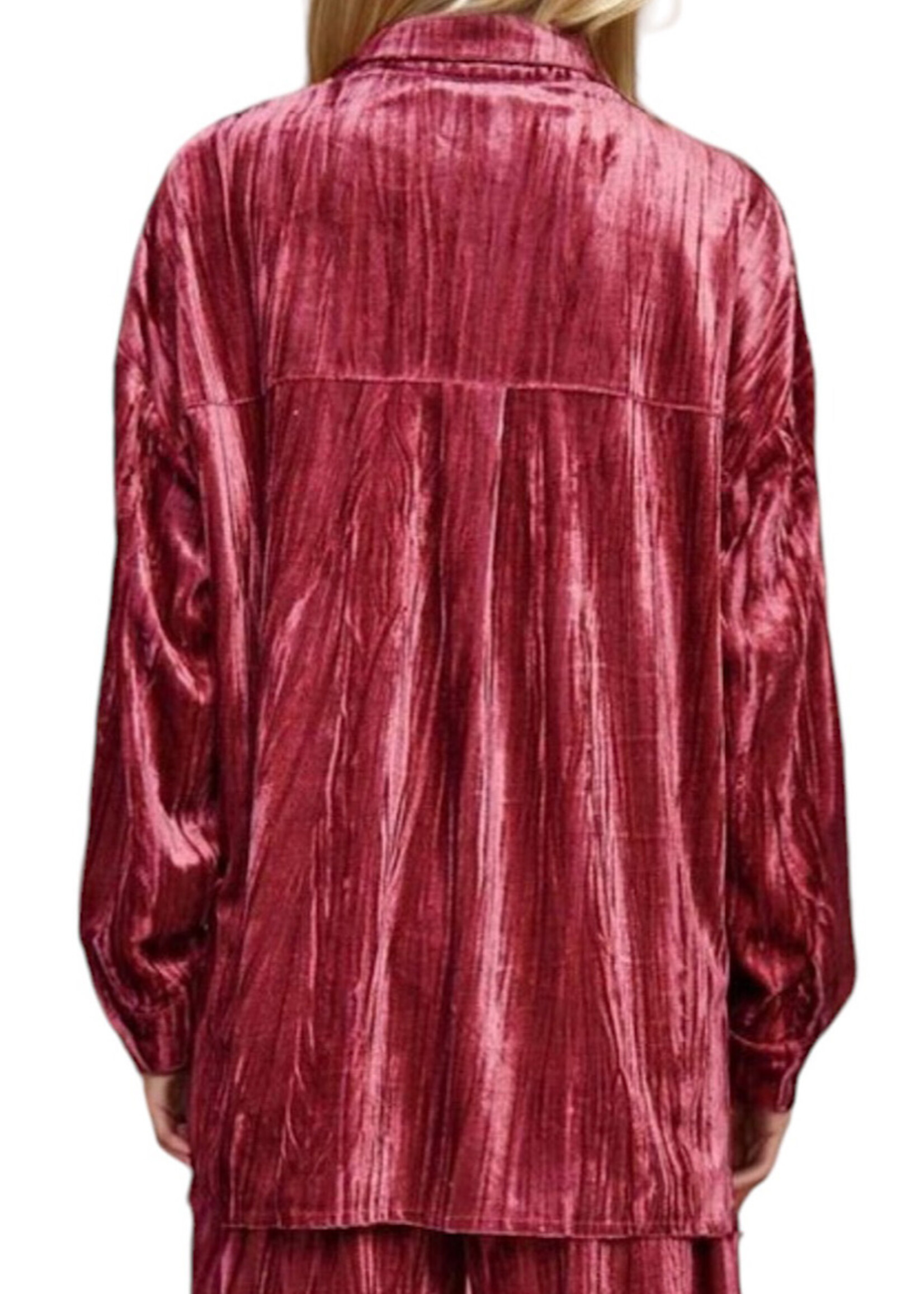 Plus Indian Pink Crinkled Velvet Button Front Top