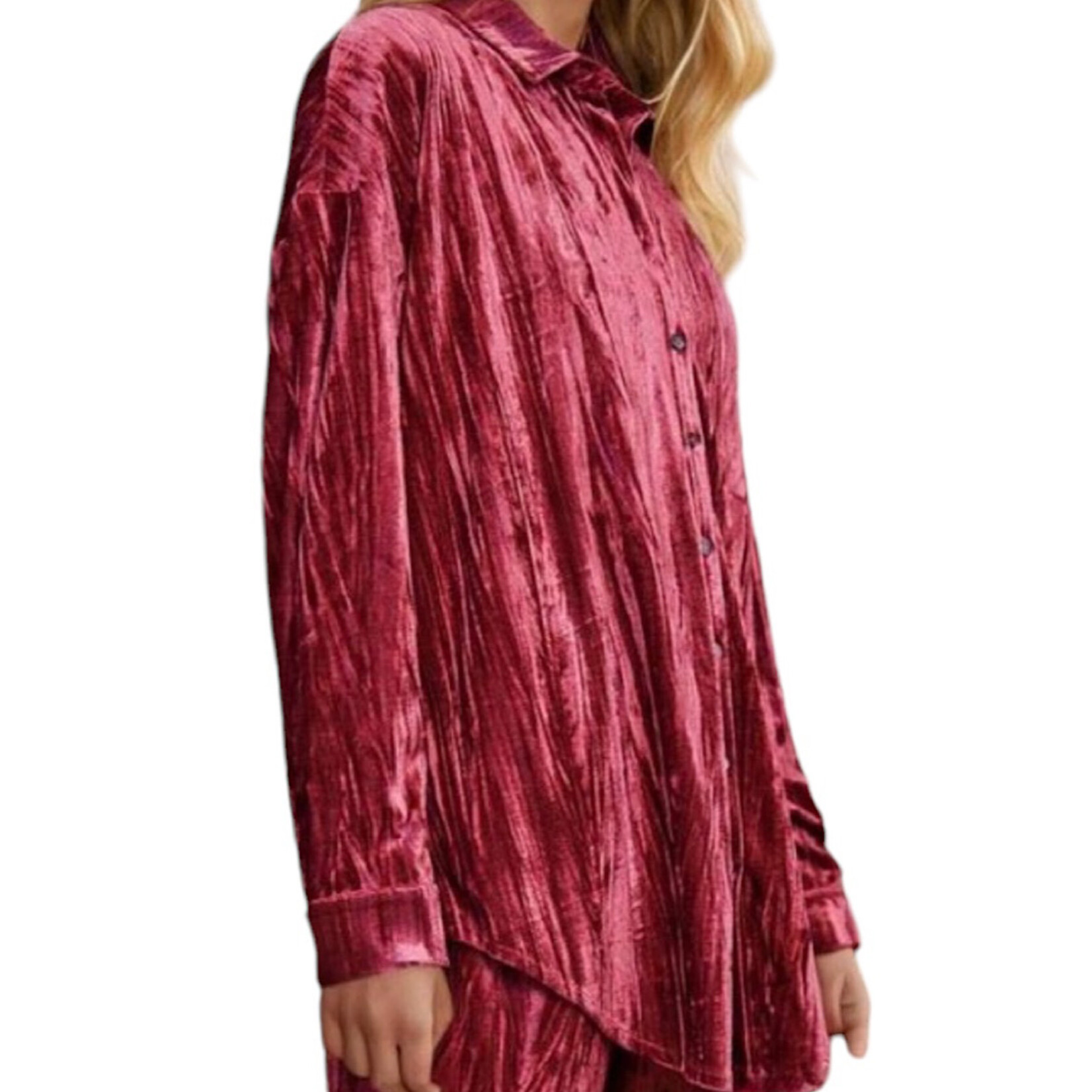 Plus Indian Pink Crinkled Velvet Button Front Top