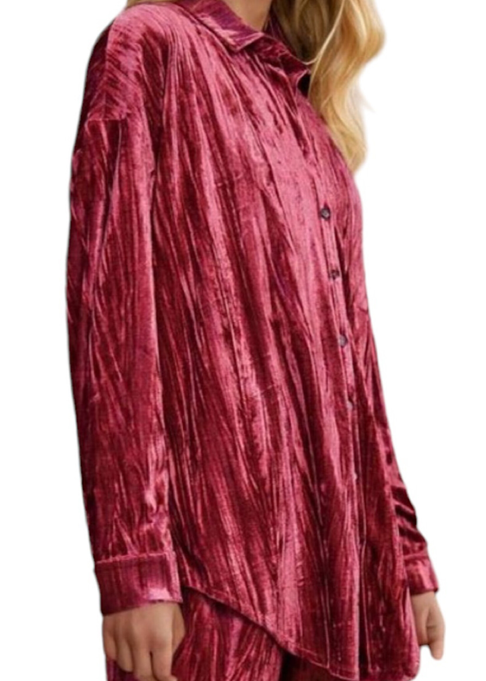 Plus Indian Pink Crinkled Velvet Button Front Top