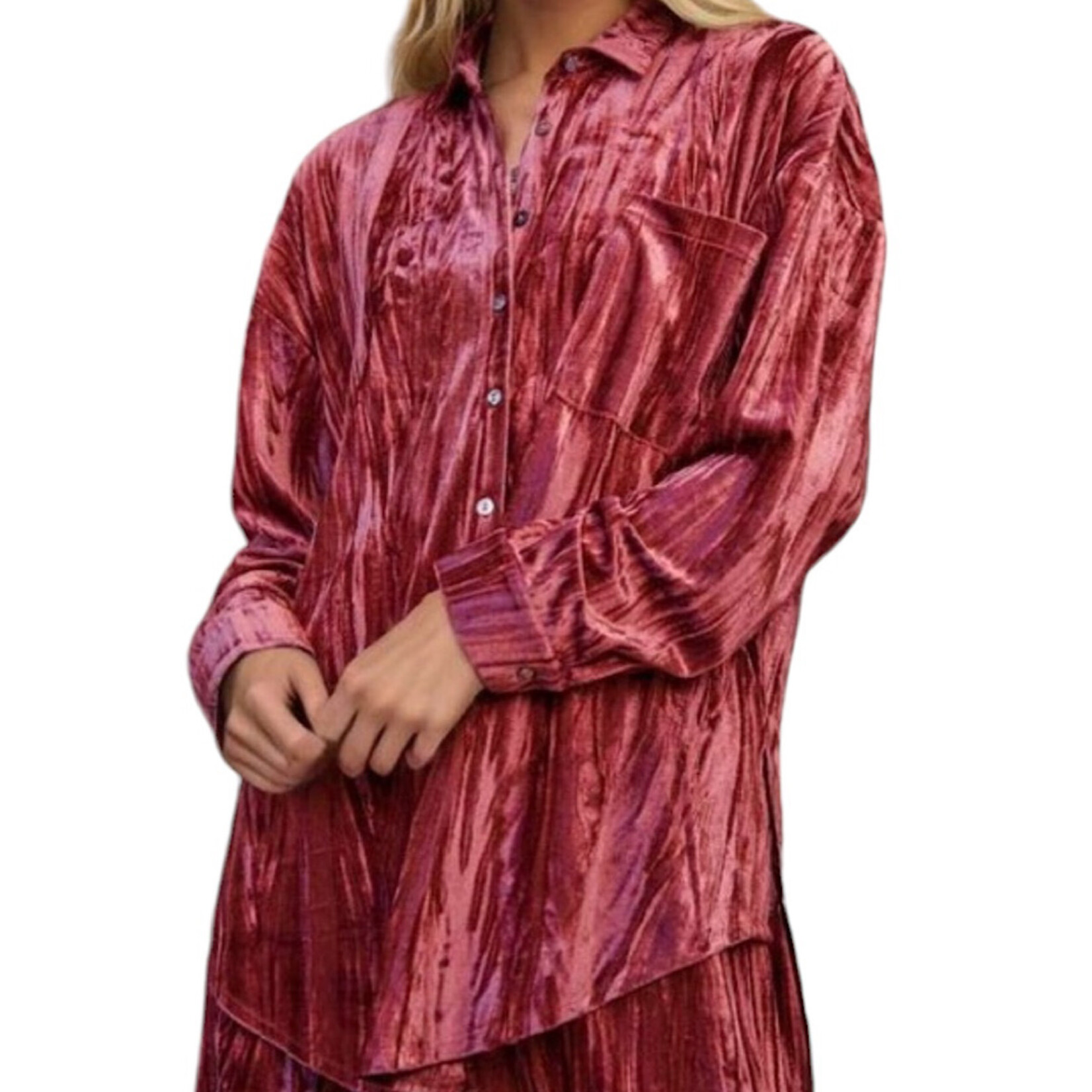 Plus Indian Pink Crinkled Velvet Button Front Top