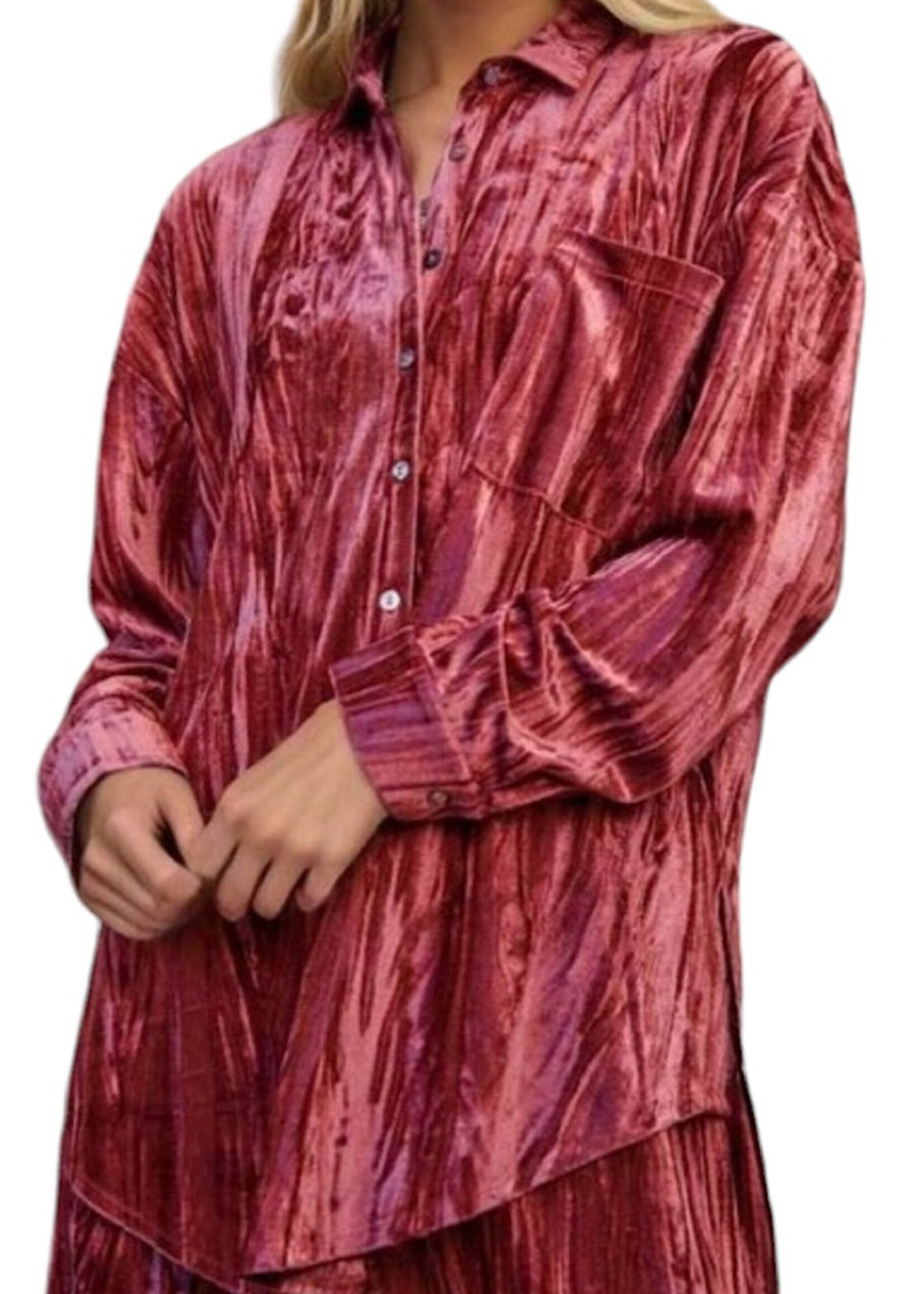 Plus Indian Pink Crinkled Velvet Button Front Top