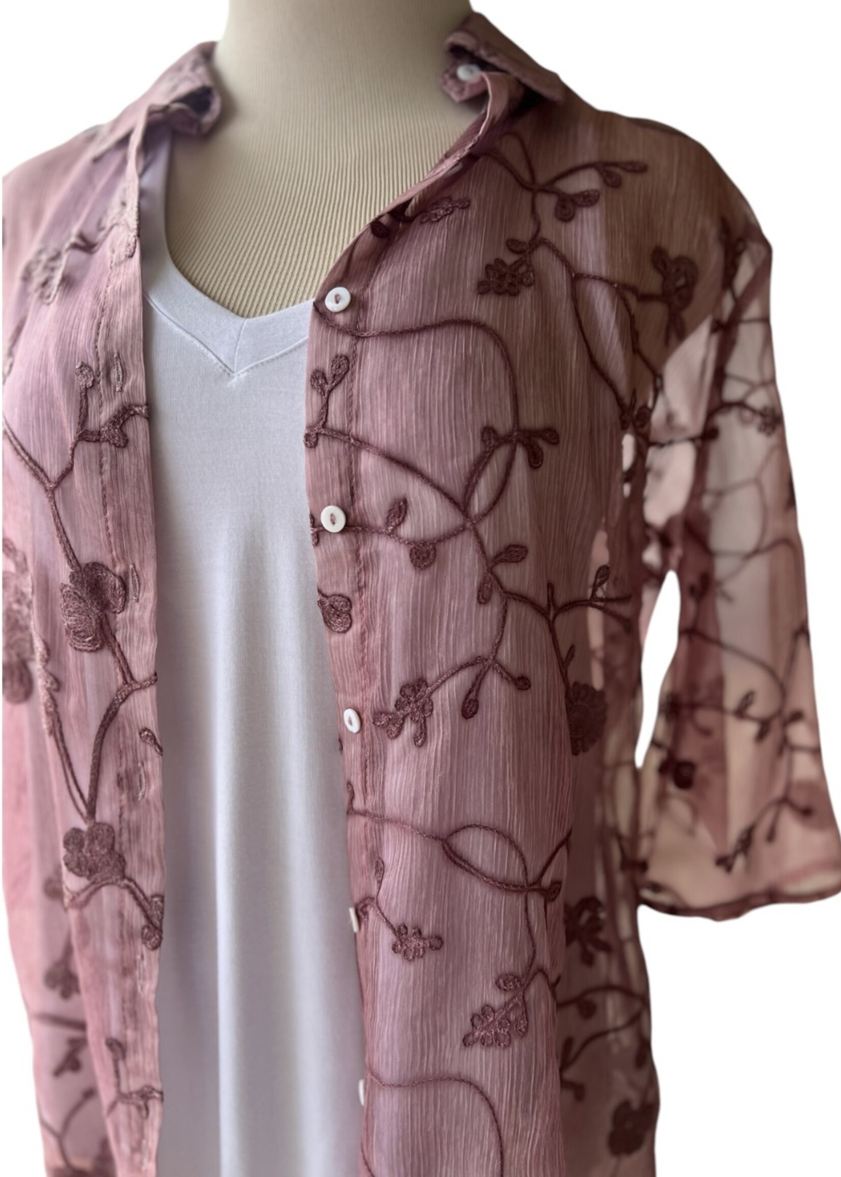 Mauve Embroidered Organza Shirt With 3/4 Sleeves