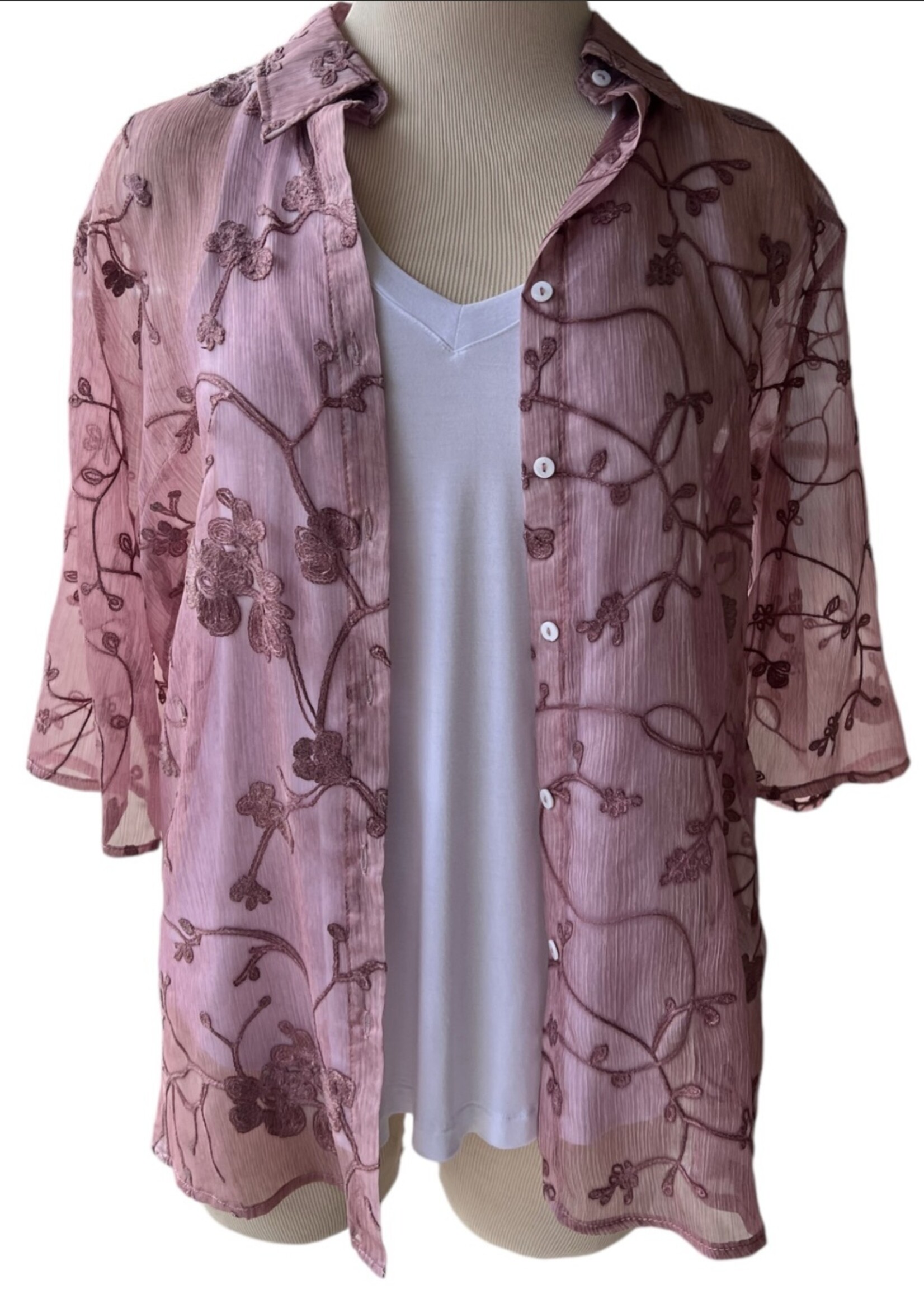 Mauve Embroidered Organza Shirt With 3/4 Sleeves