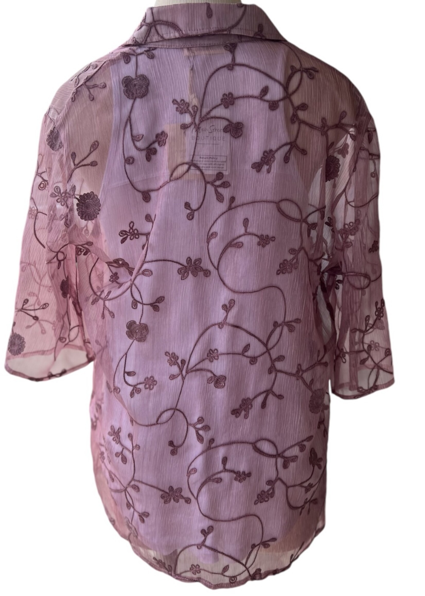 Mauve Embroidered Organza Shirt With 3/4 Sleeves