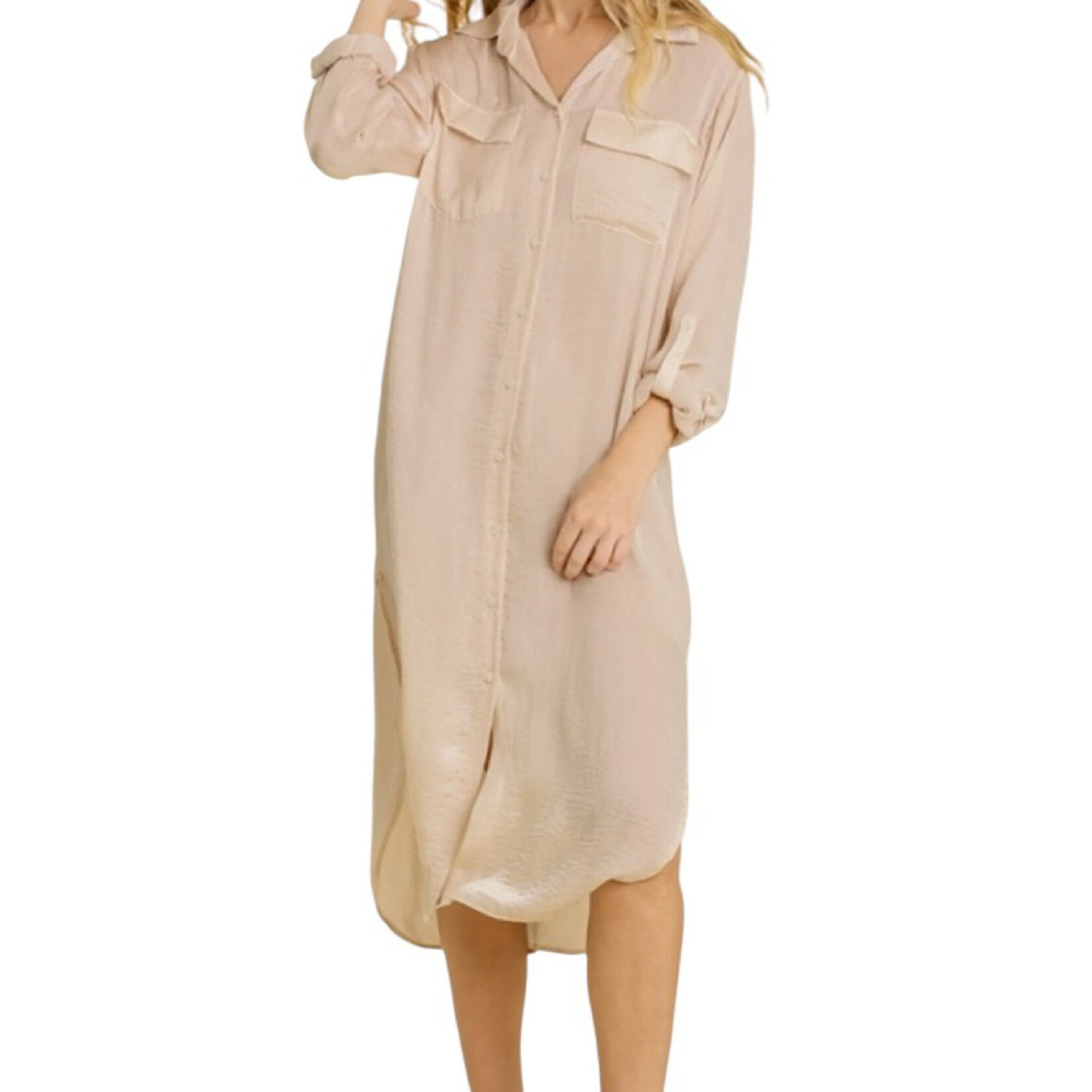 Champagne Satin Button Down Midi Dress