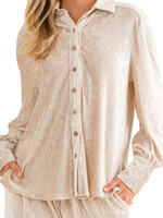 Champagne Velvet Button Down Long Sleeve Top