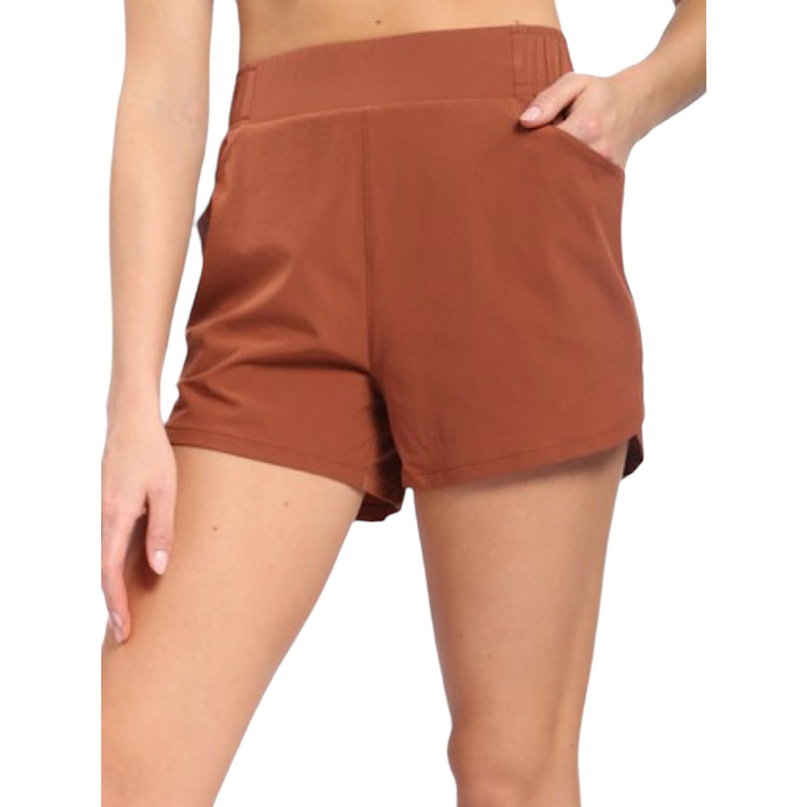 Brown Patina Athleisure Shorts with Curved Hemline